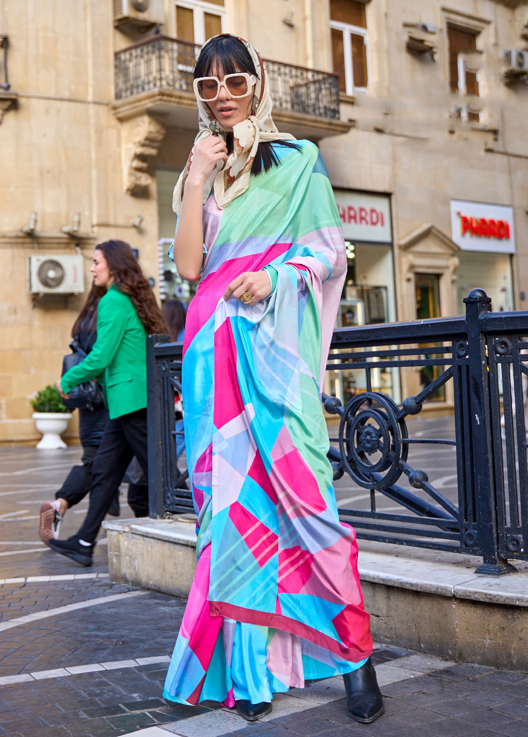 Multicolor Silk Crepe Saree With Digital Printed Work
