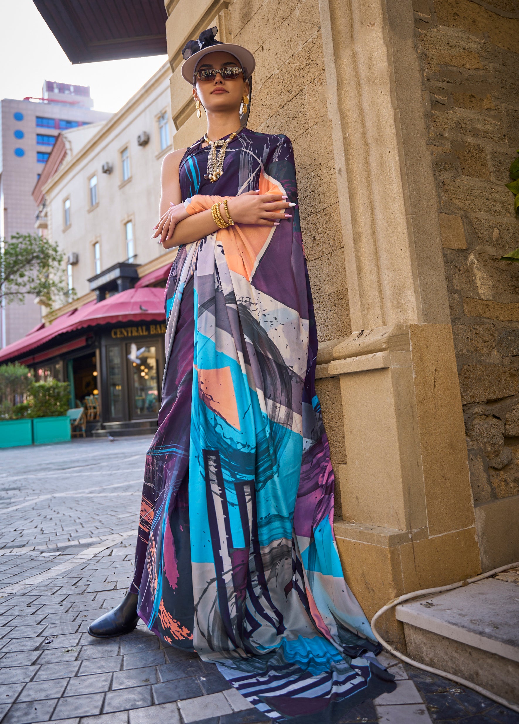 Multicolor Silk Crepe Saree With Digital Printed Work