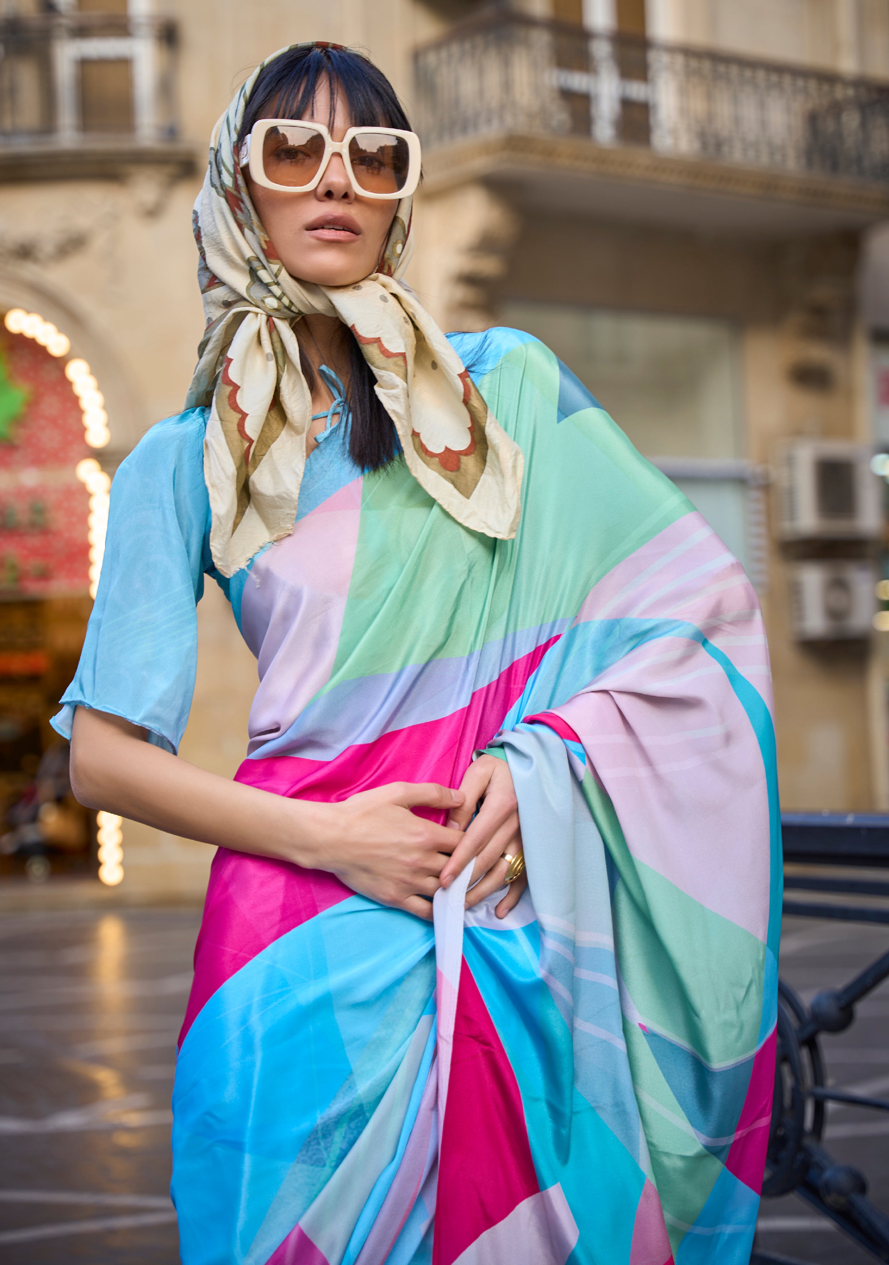 Multicolor Silk Crepe Saree With Digital Printed Work