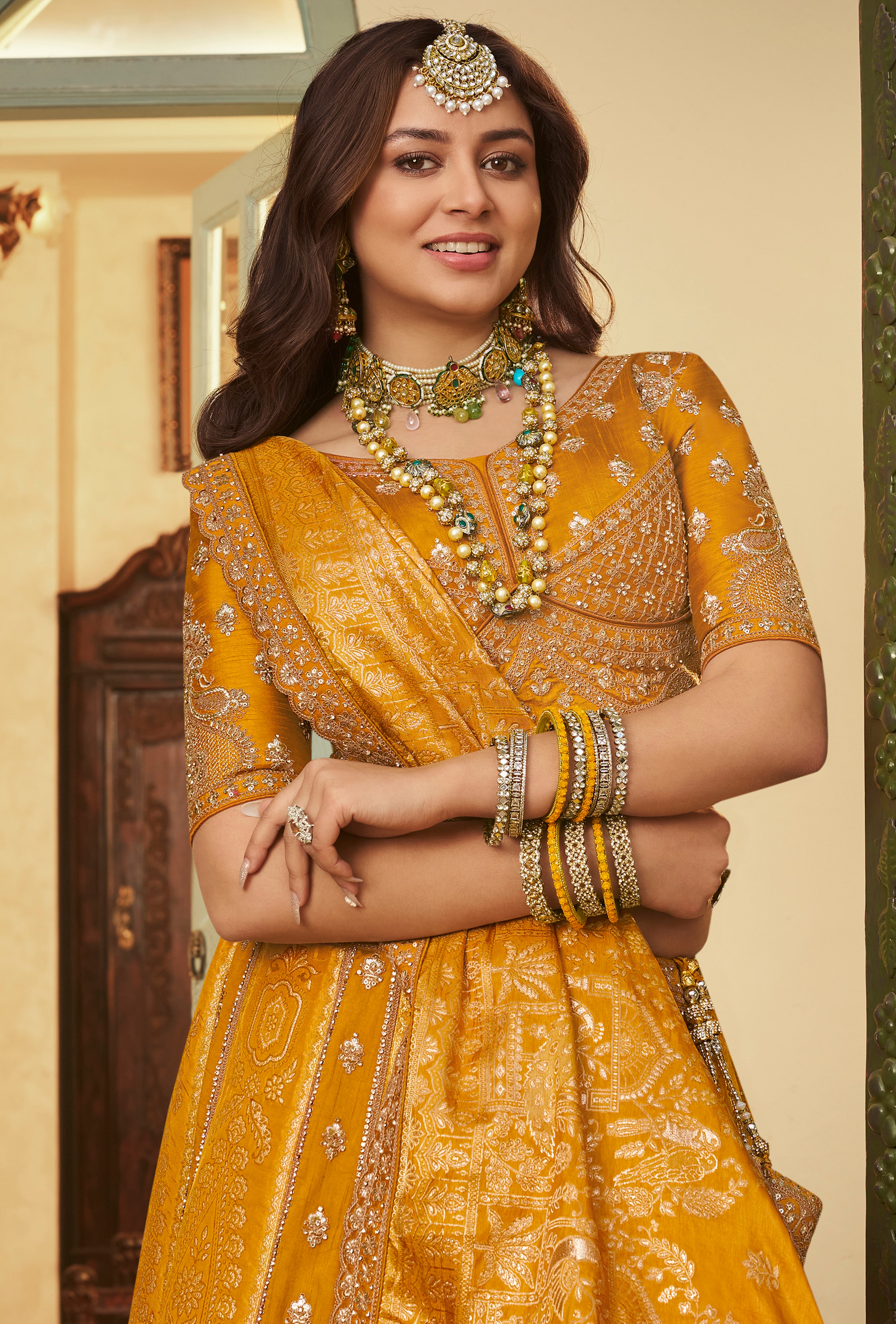 Mustard Banarasi Premium Silk Lehenga Choli With Heavy Thread Embroidery, Sequence, Swarovski ,Stone With Zari, Khatli Weaving Work