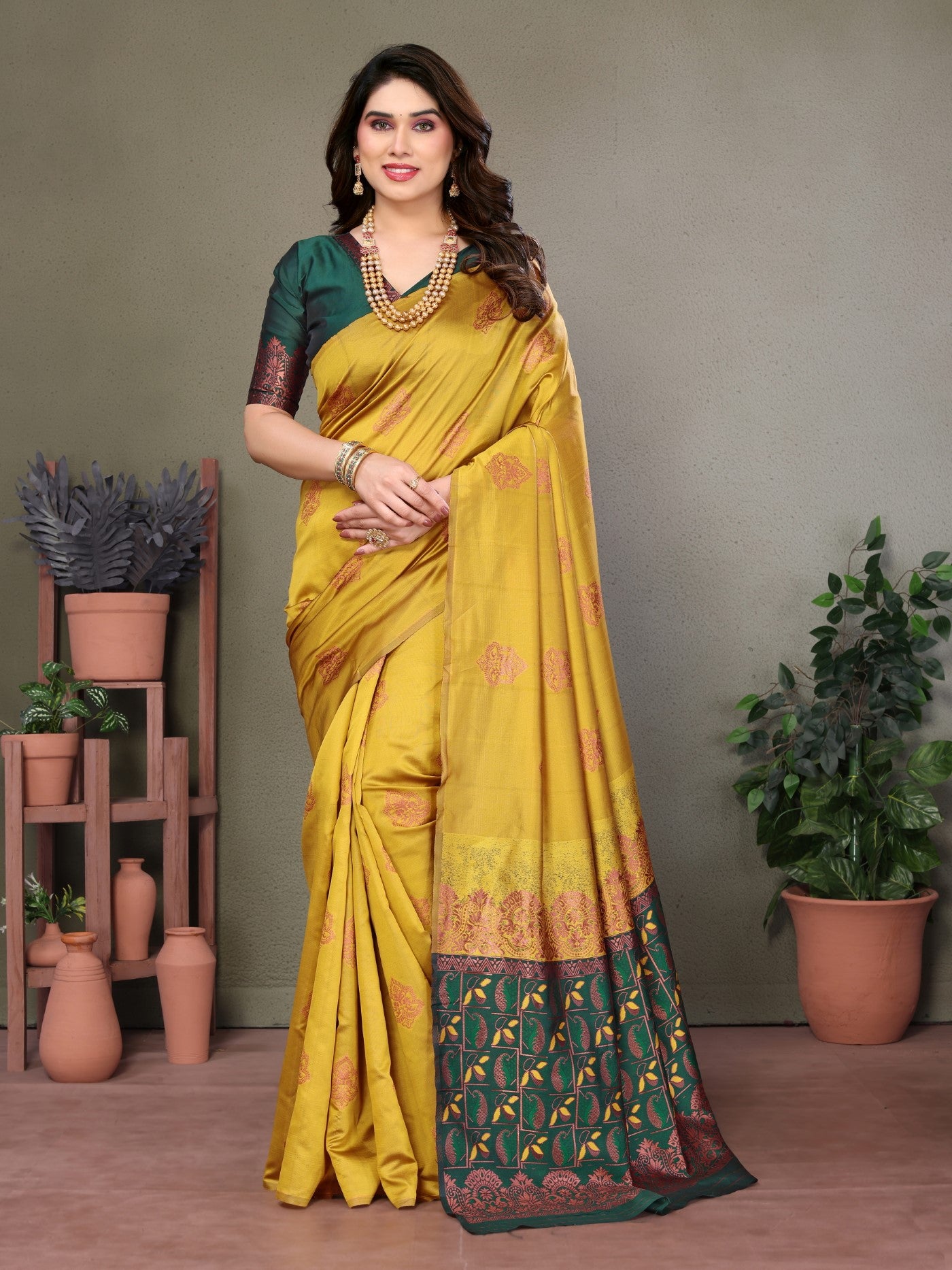 Mustard Banarasi Silk Saree With Weaving