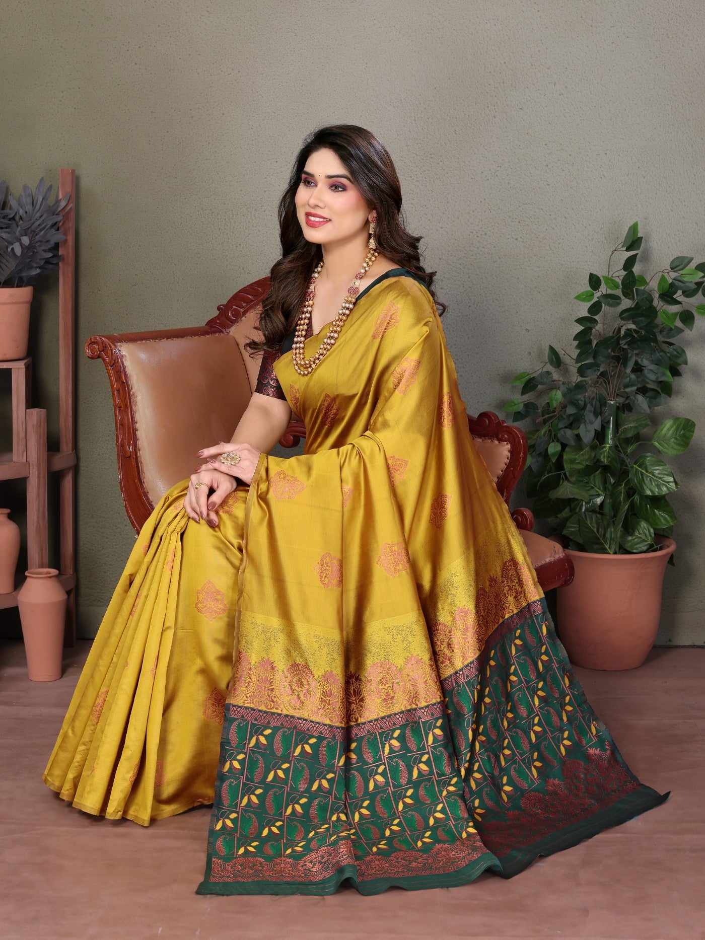 Mustard Banarasi Silk Saree With Weaving