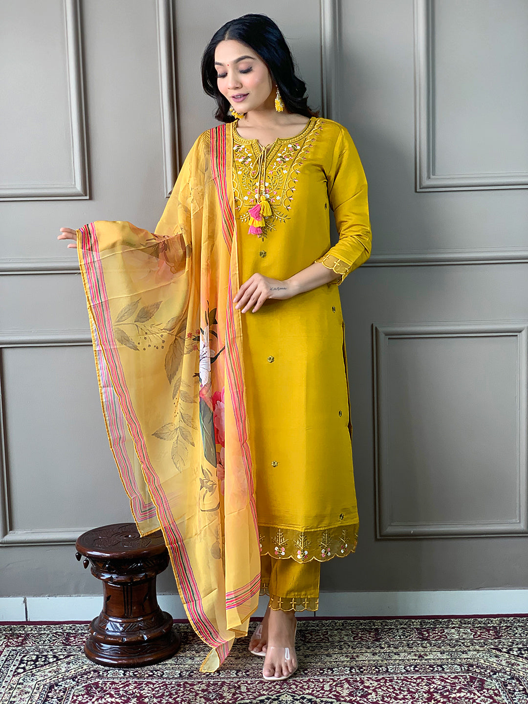 Mustard Chanderi Elegant Kurta Pant Set With Embroidery Work