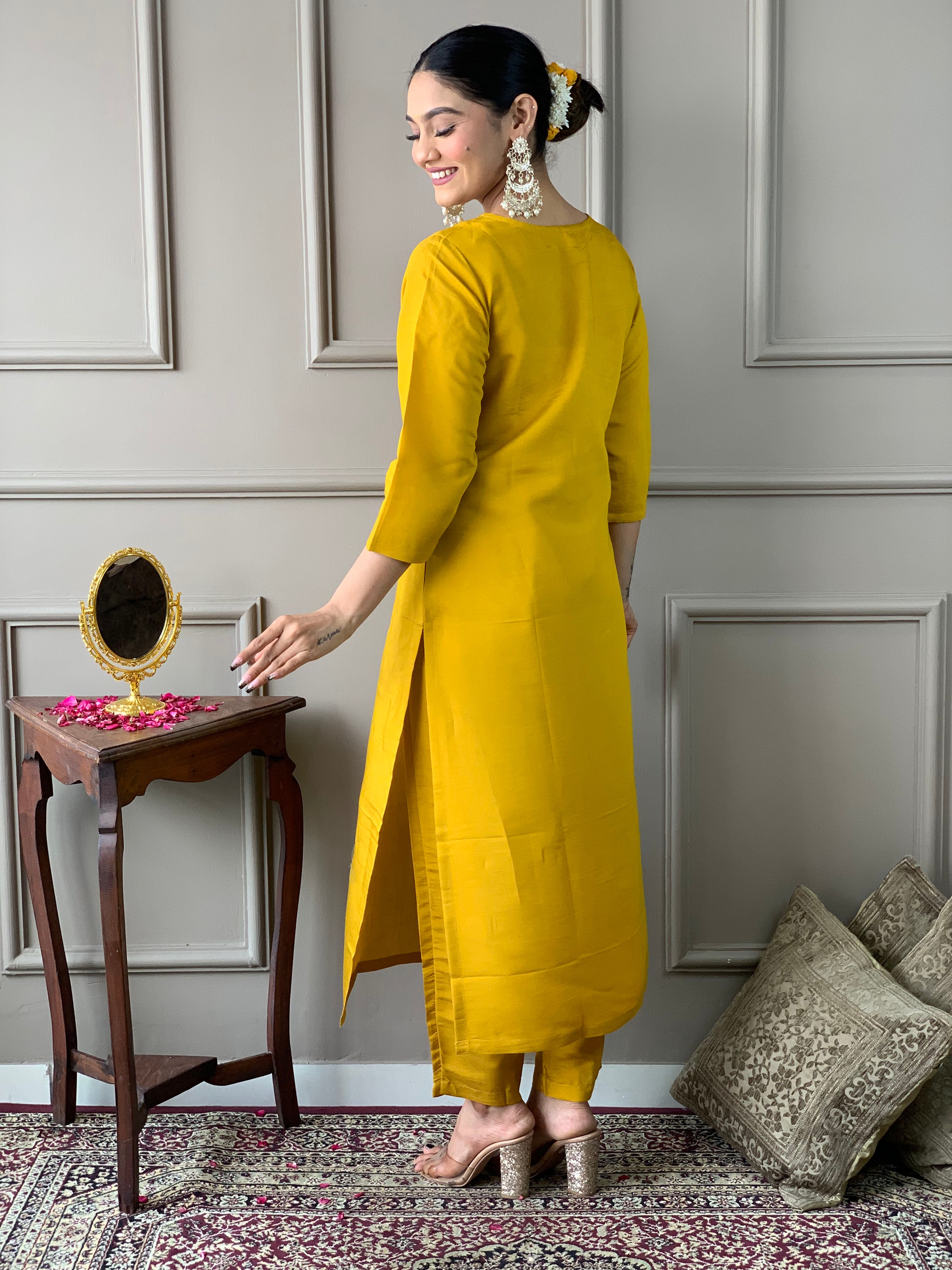 Mustard Chanderi Kurta Pant with Heavy Thread Embroidery Work With Printed Dupatta