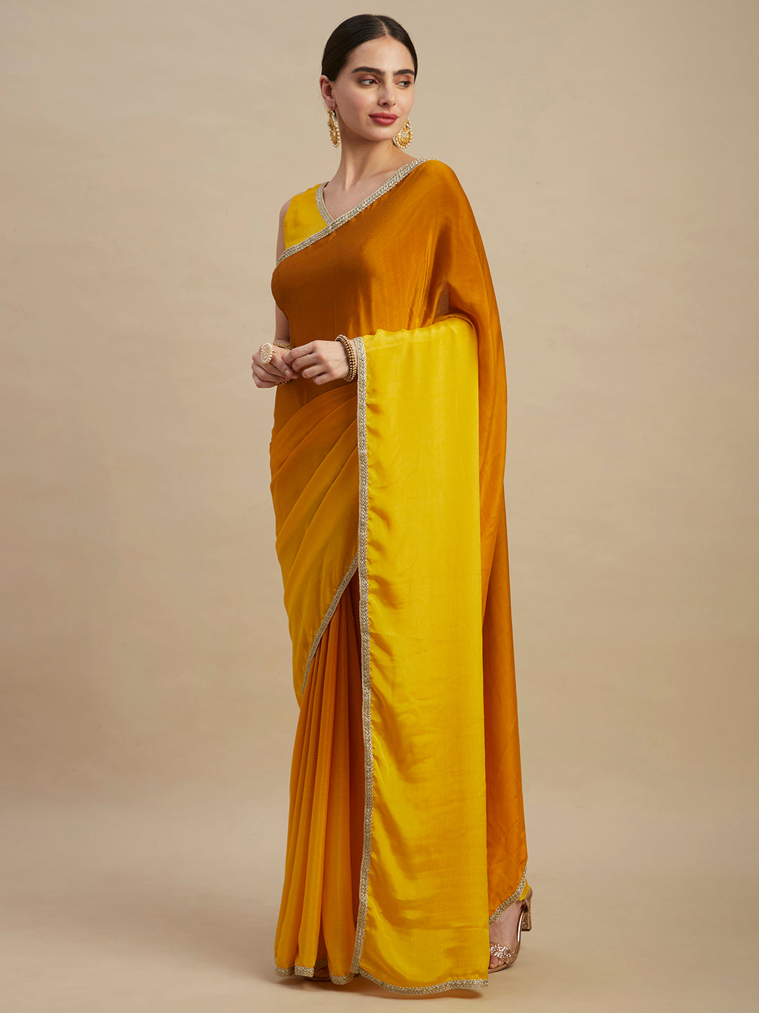 Mustard Chinon Party Wear Saree With Embroidery Sequins Work