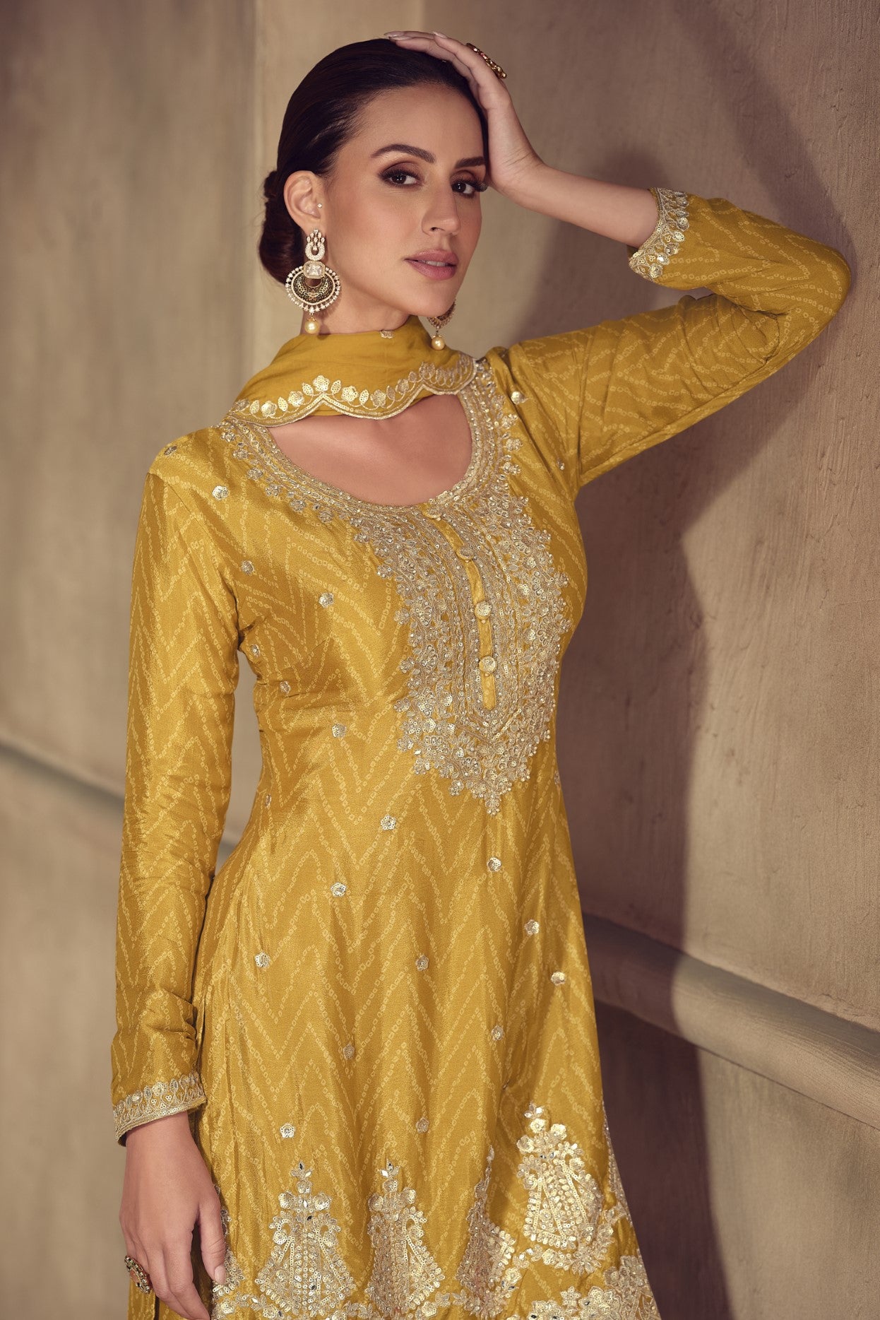 Mustard Chinon Silk Salwar Suit With Digital Print Embroidery