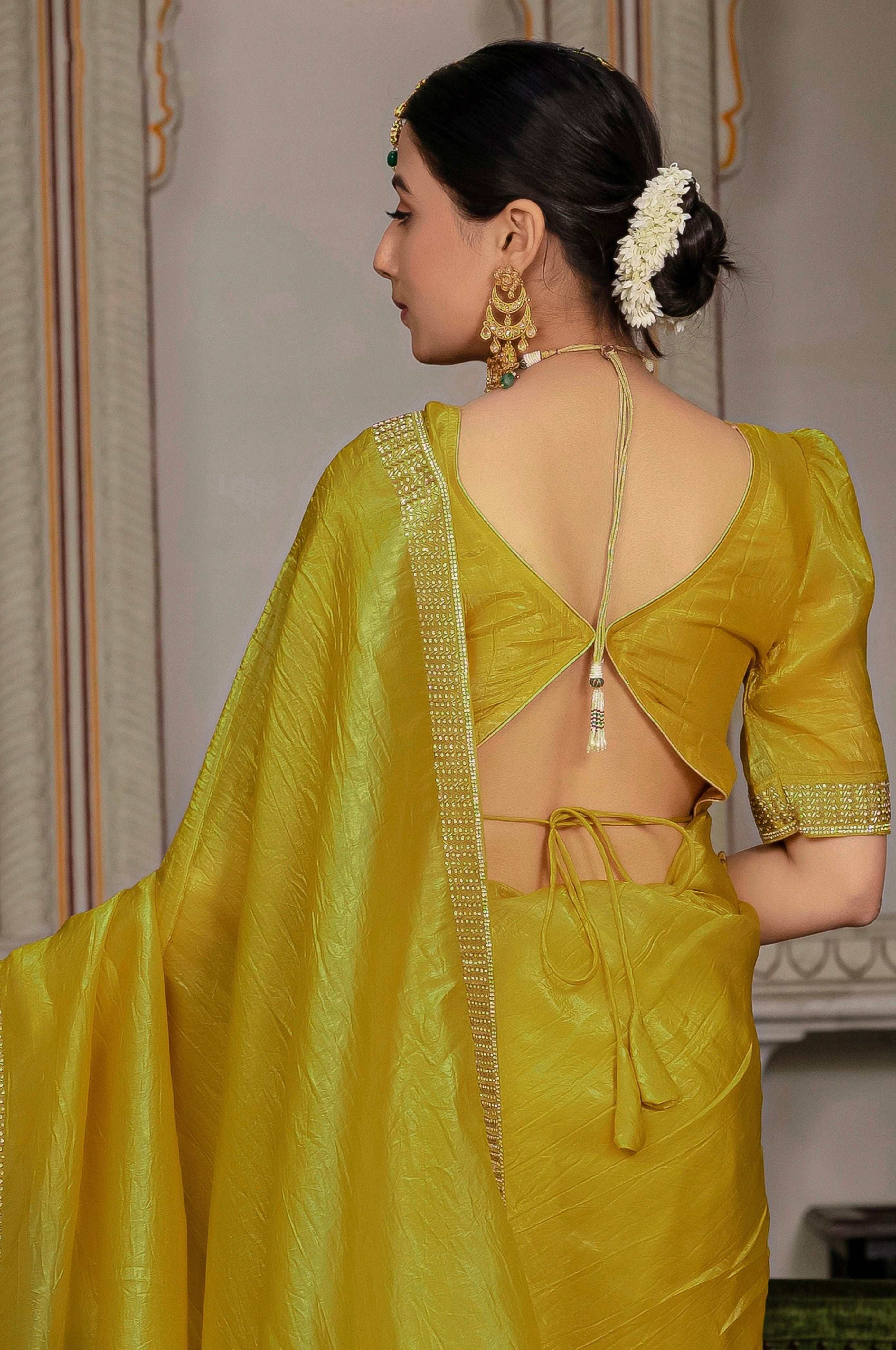 Mustard Color Gold Crush Saree With Cutdana With Zarkan Work