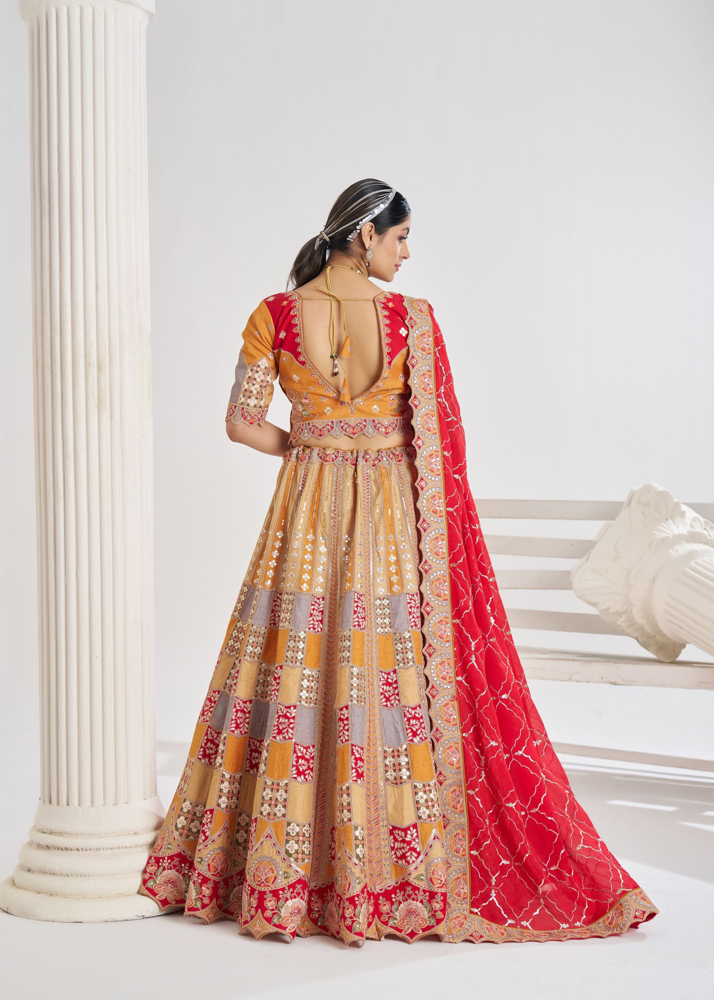Mustard Color Position Print Jaal Patterned Party Wear Lehenga