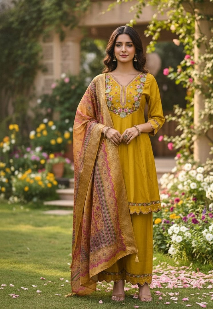 Mustard Cotton Silk Designer Suit Set With Artisan Embroidery