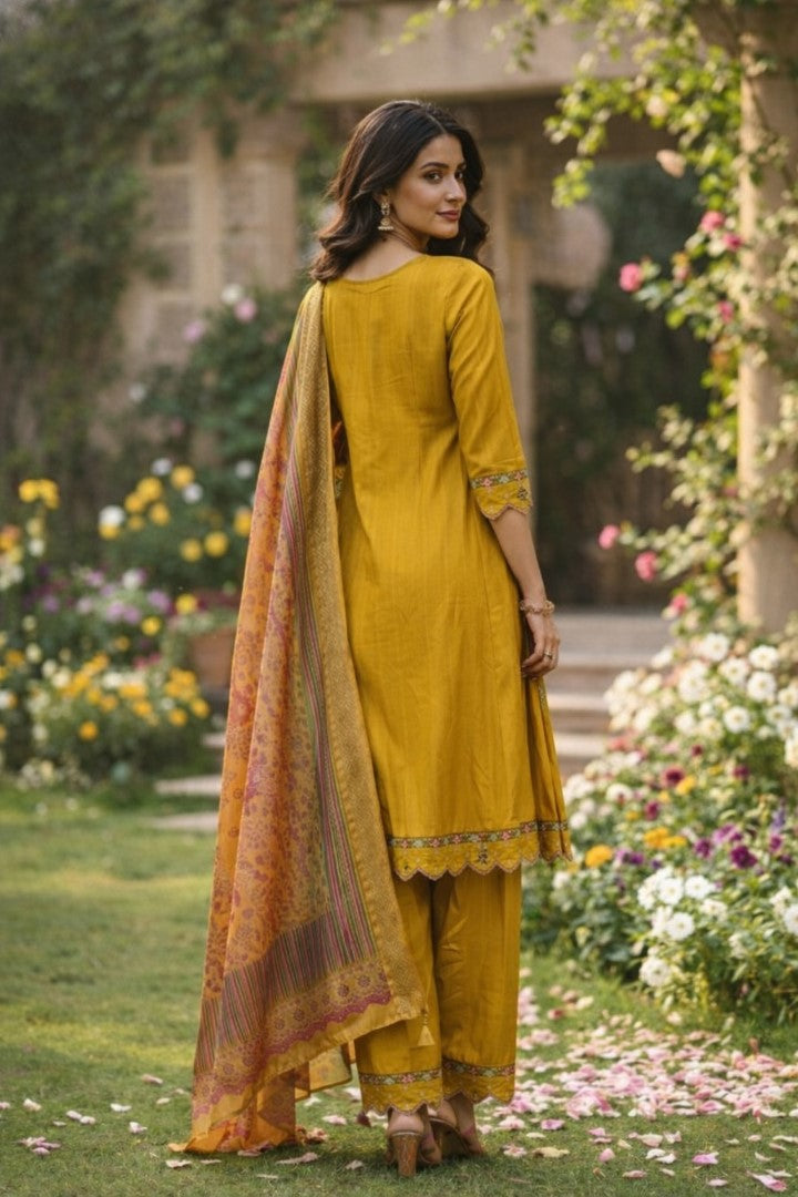 Mustard Cotton Silk Designer Suit Set With Artisan Embroidery