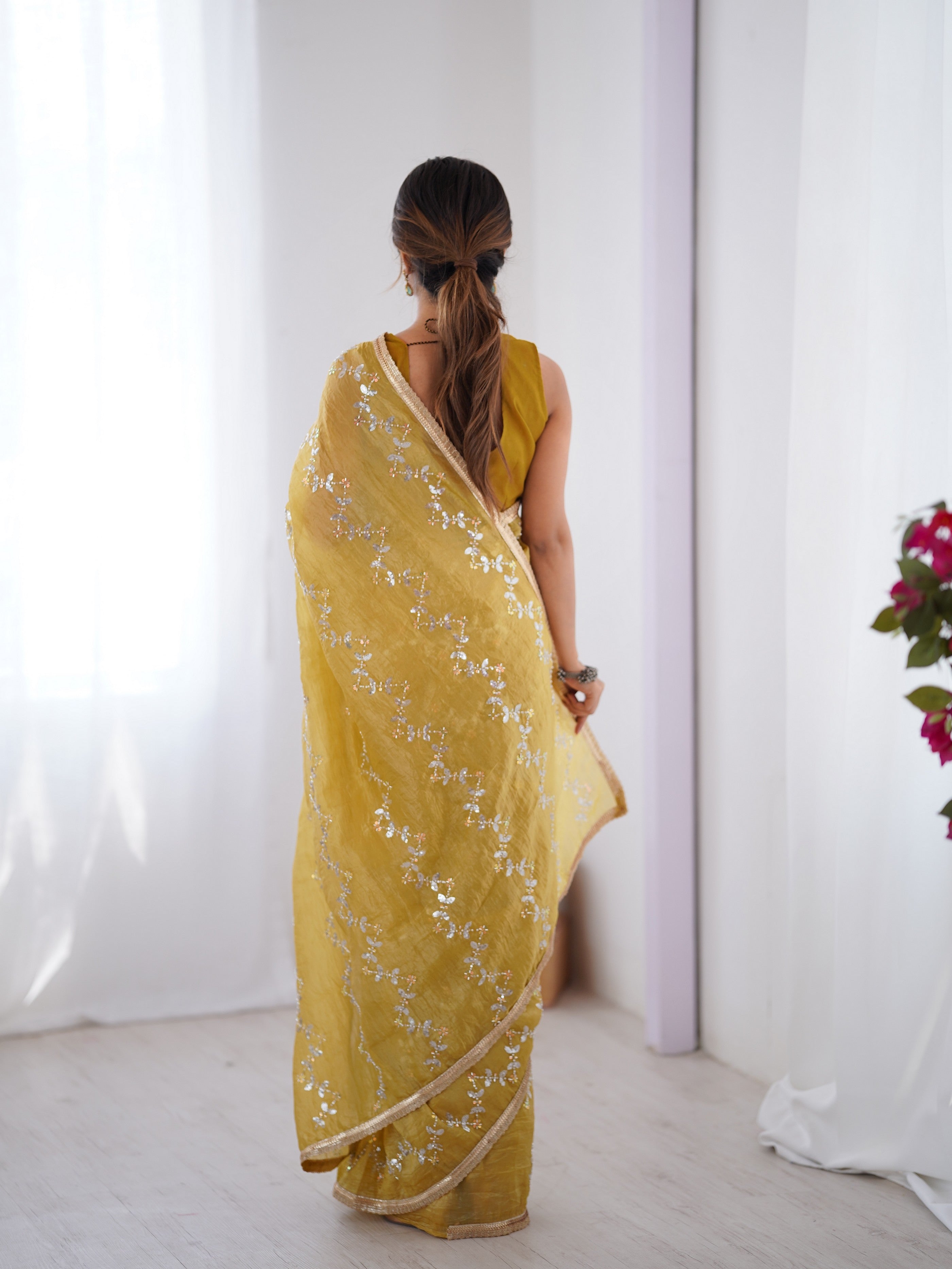 Mustard Gold Crush Designer Sequins And Mofis Work Saree