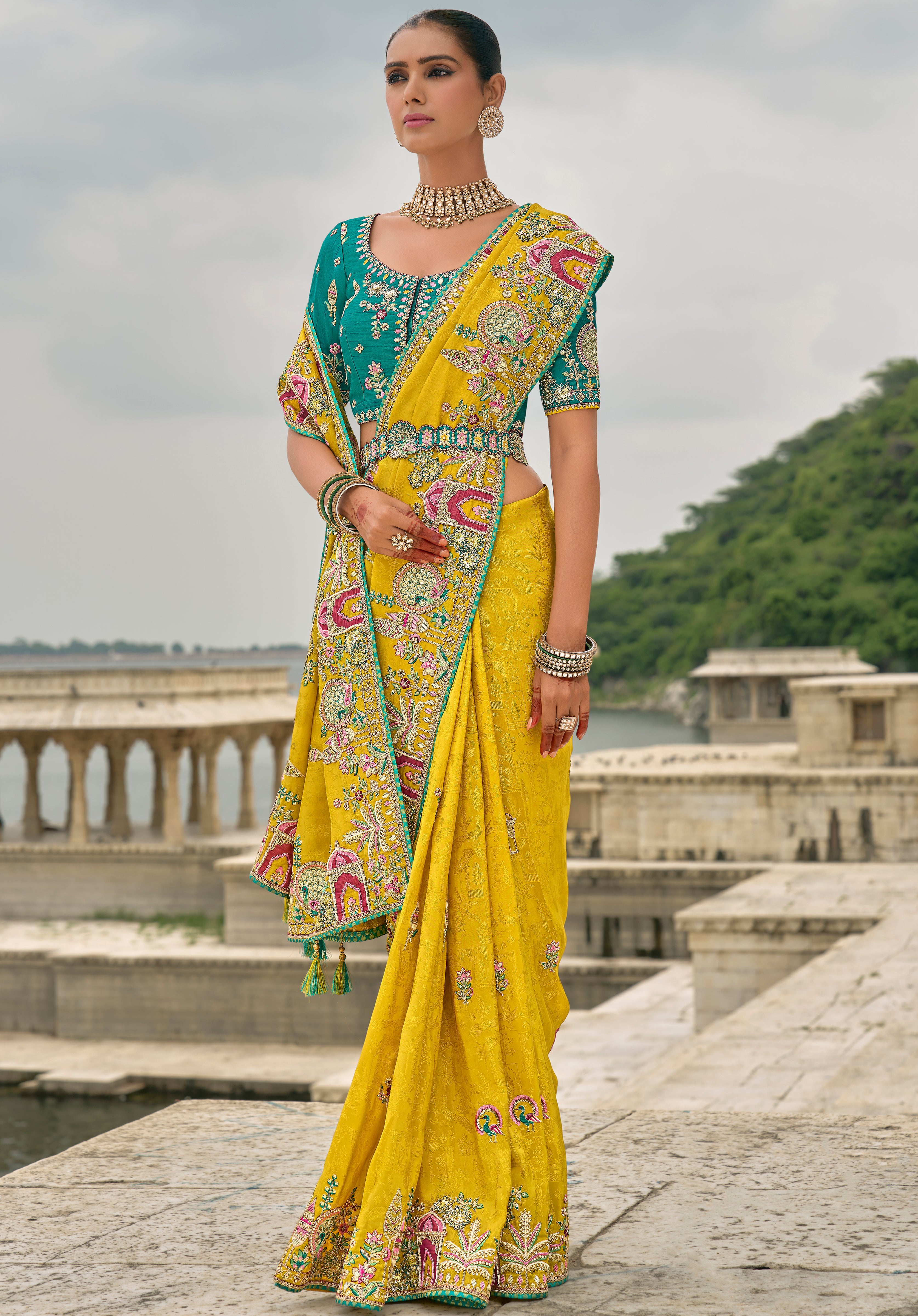 Mustard Jacquard Saree With Heavy Thread Embroidery and Sequins Work