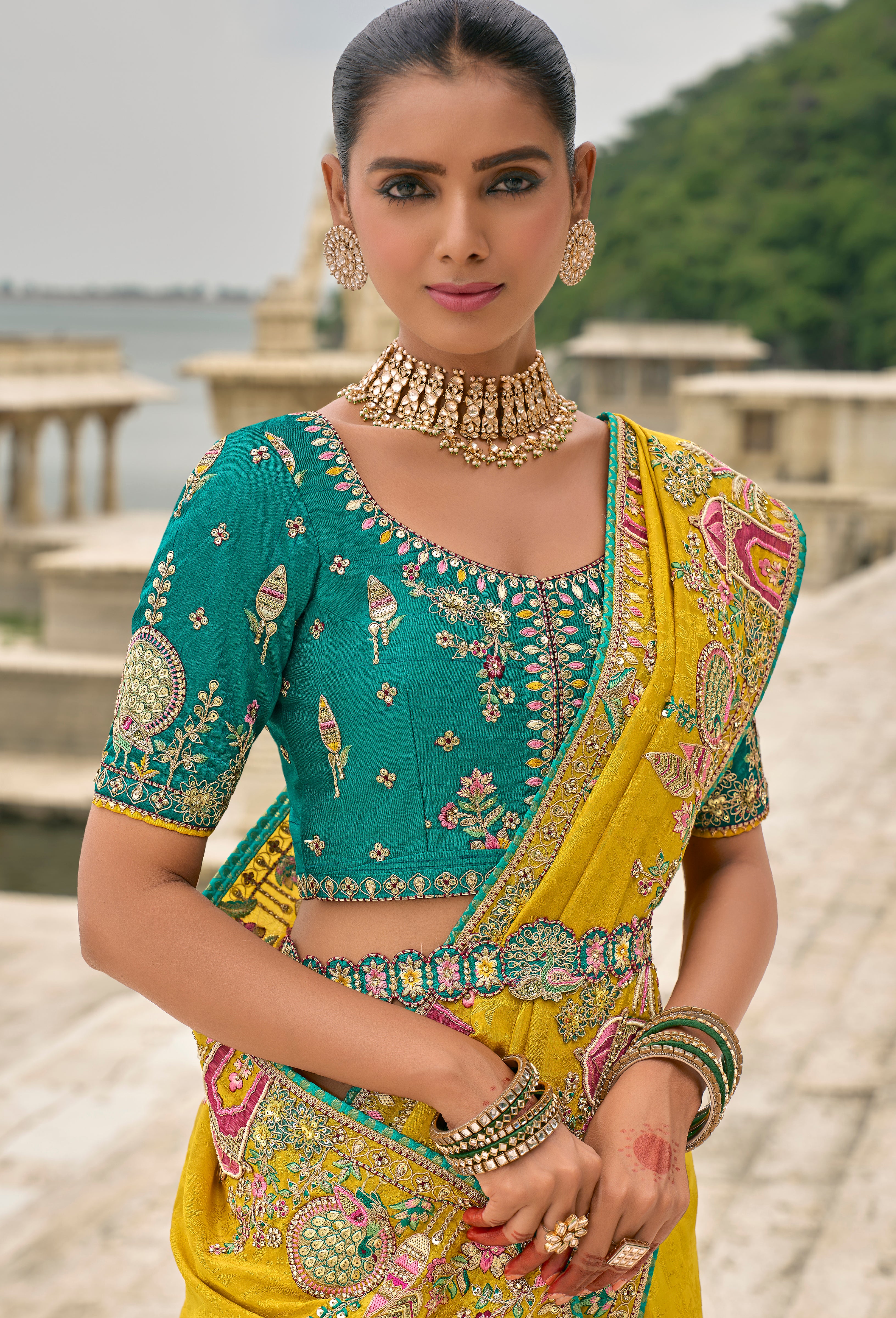 Mustard Jacquard Saree With Heavy Thread Embroidery and Sequins Work