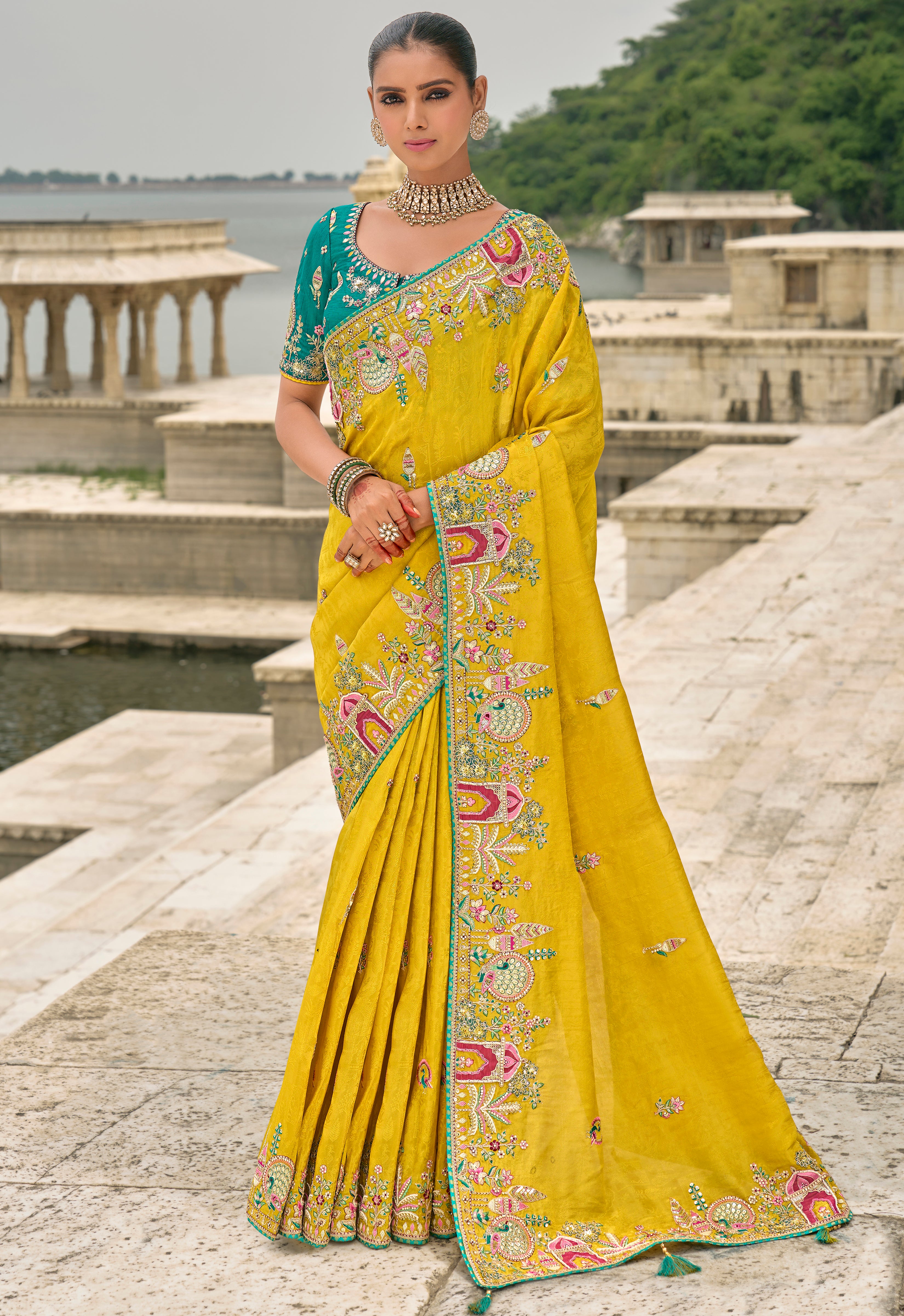 Mustard Jacquard Saree With Heavy Thread Embroidery and Sequins Work