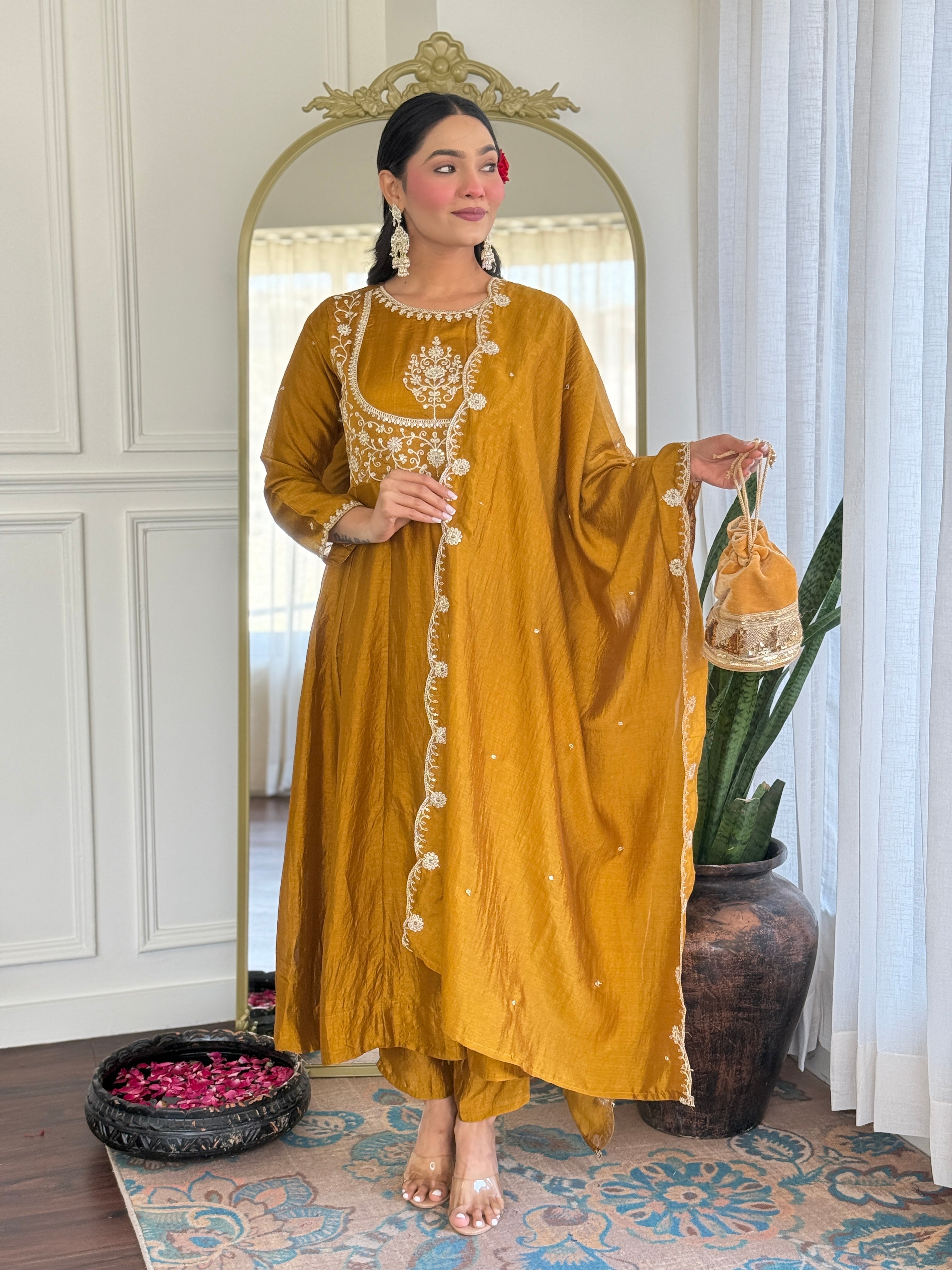 Mustard Kurta Pant Set With Heavy Thread Embroidery Sequins Work