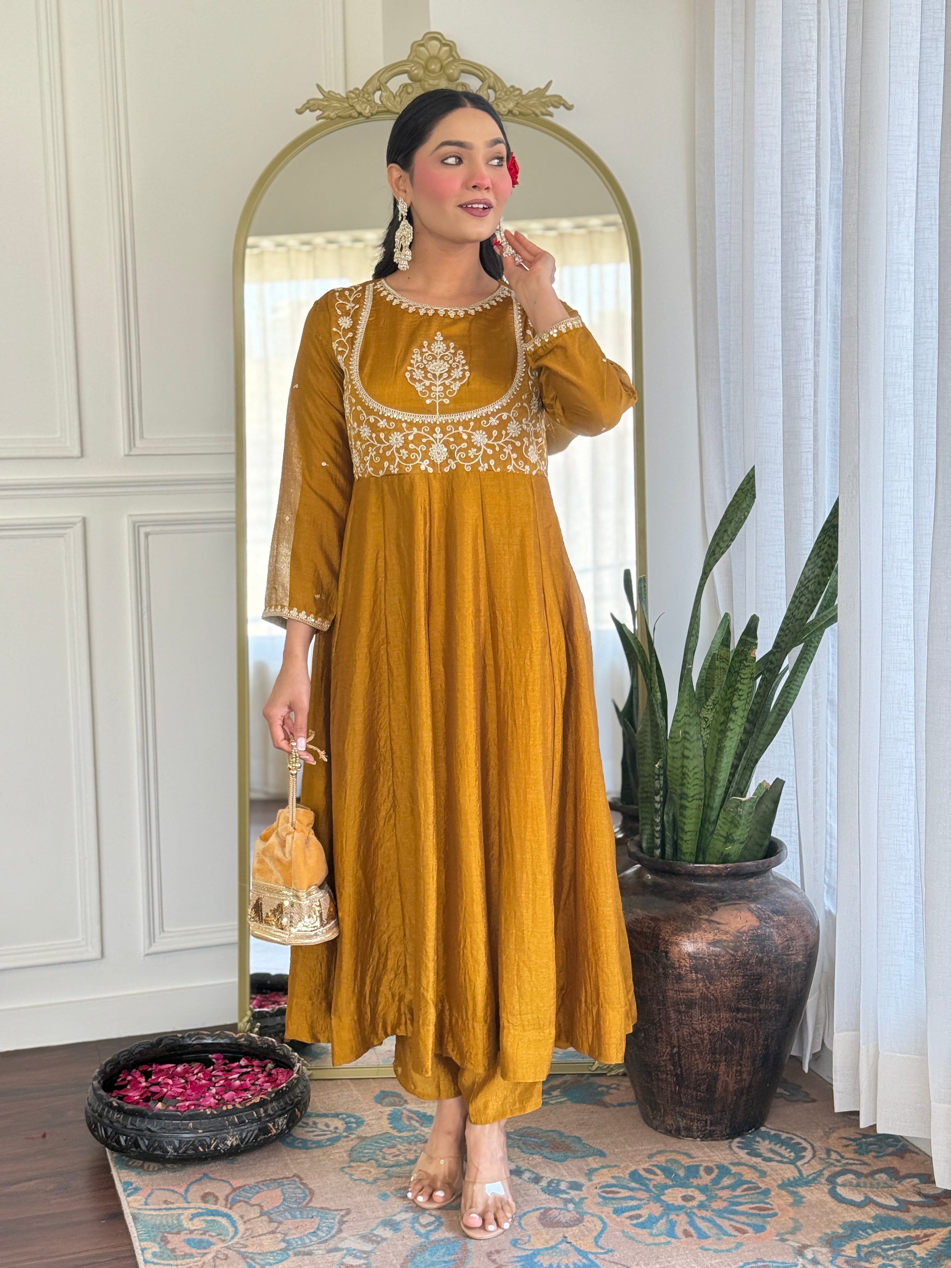 Mustard Kurta Pant Set With Heavy Thread Embroidery Sequins Work