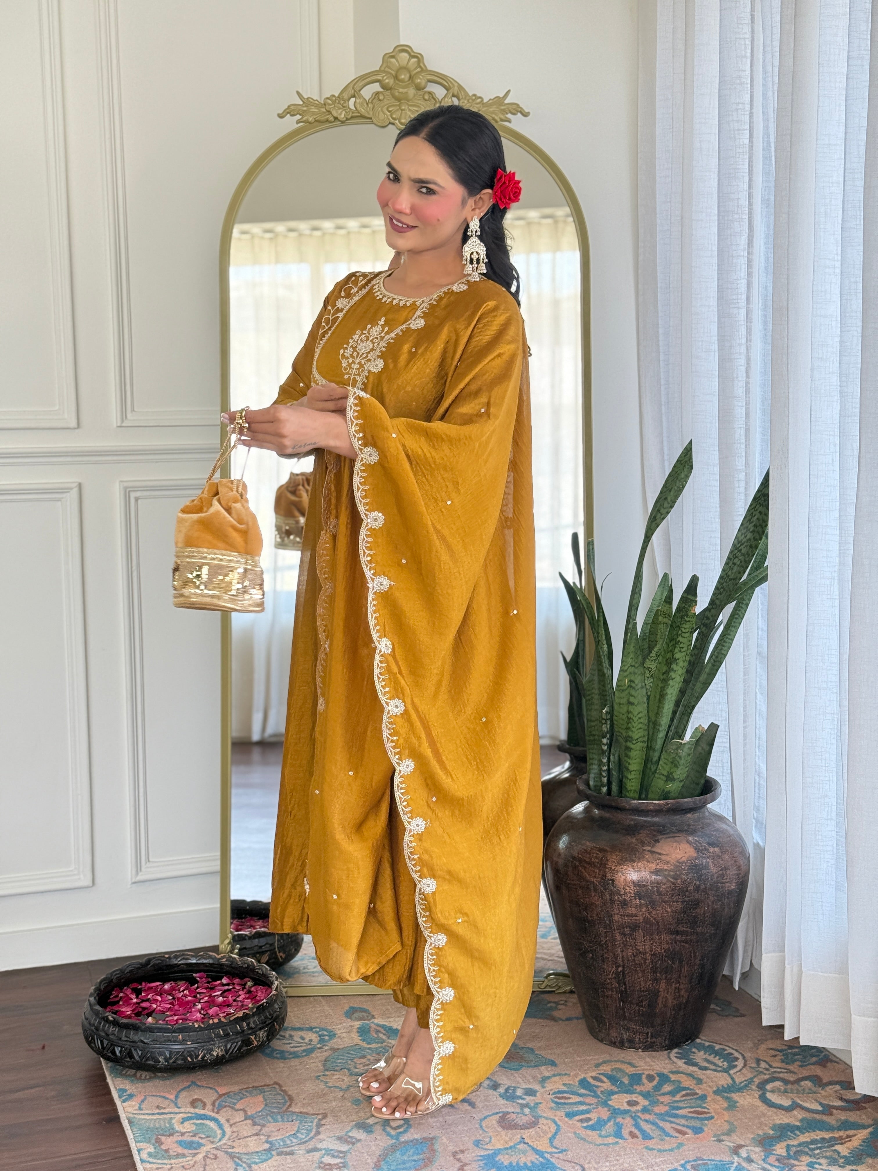 Mustard Kurta Pant Set With Heavy Thread Embroidery Sequins Work
