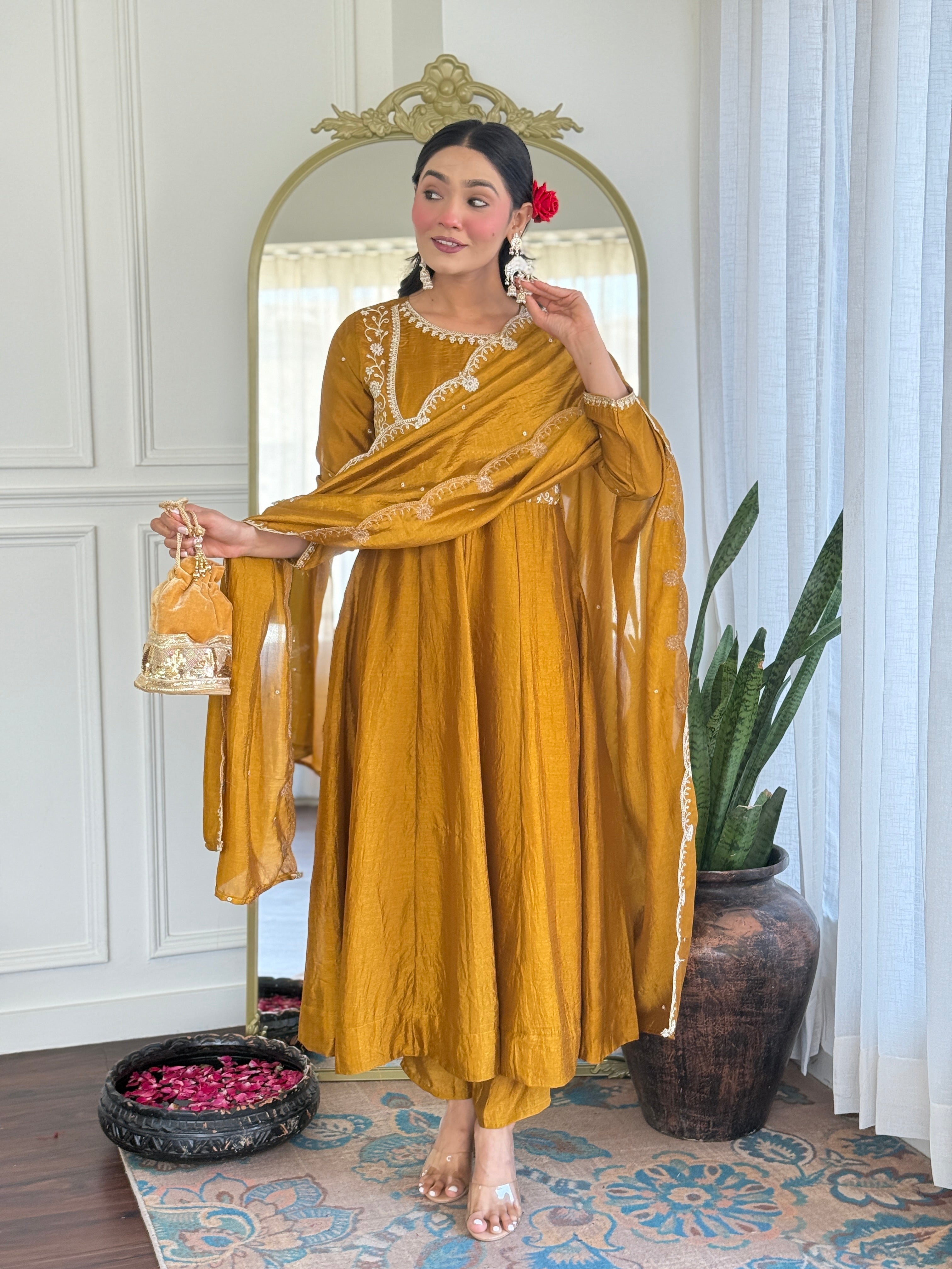 Mustard Kurta Pant Set With Heavy Thread Embroidery Sequins Work