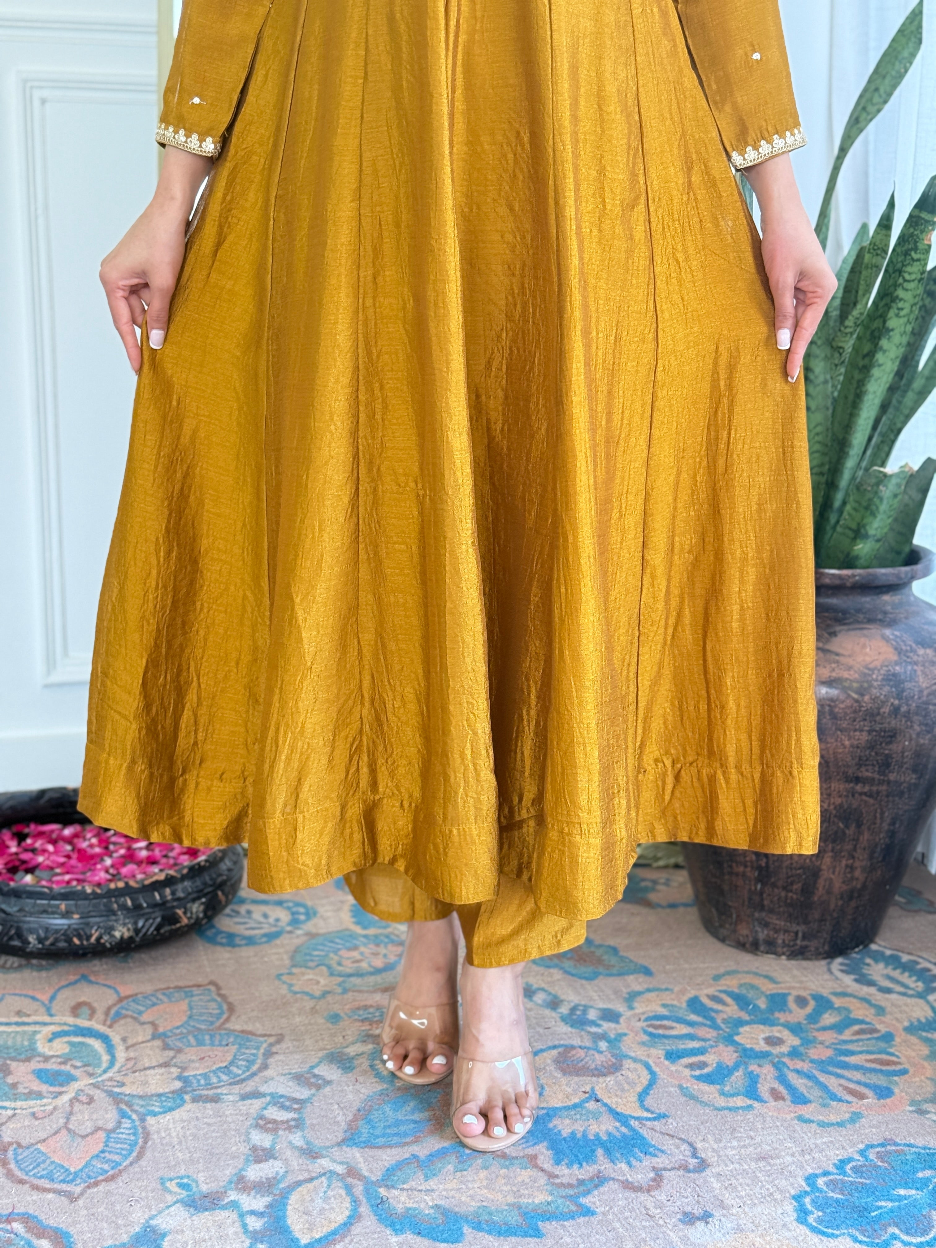 Mustard Kurta Pant Set With Heavy Thread Embroidery Sequins Work