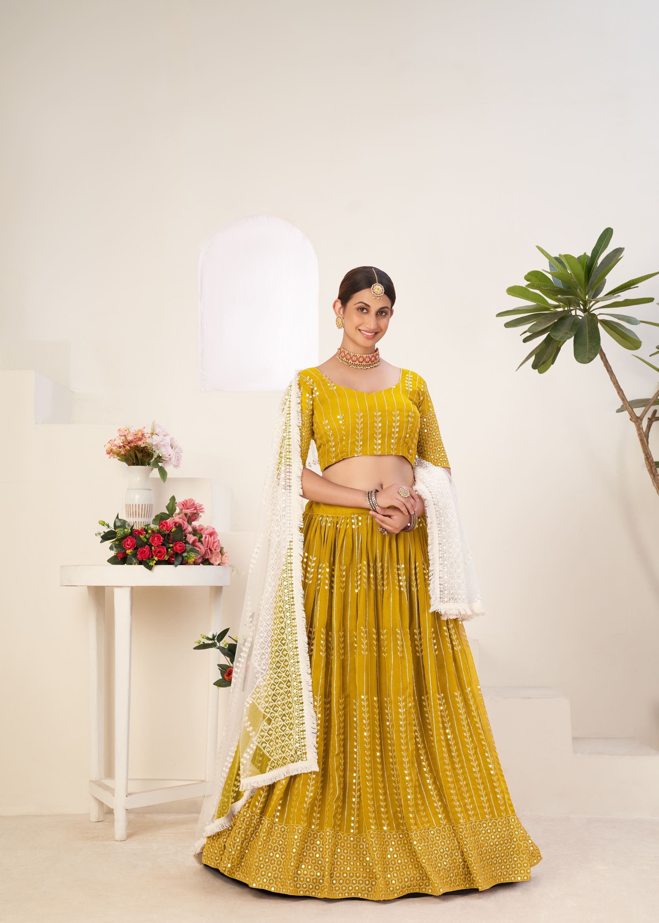 Mustard Lehenga Choli With Sequins Embroidered Work