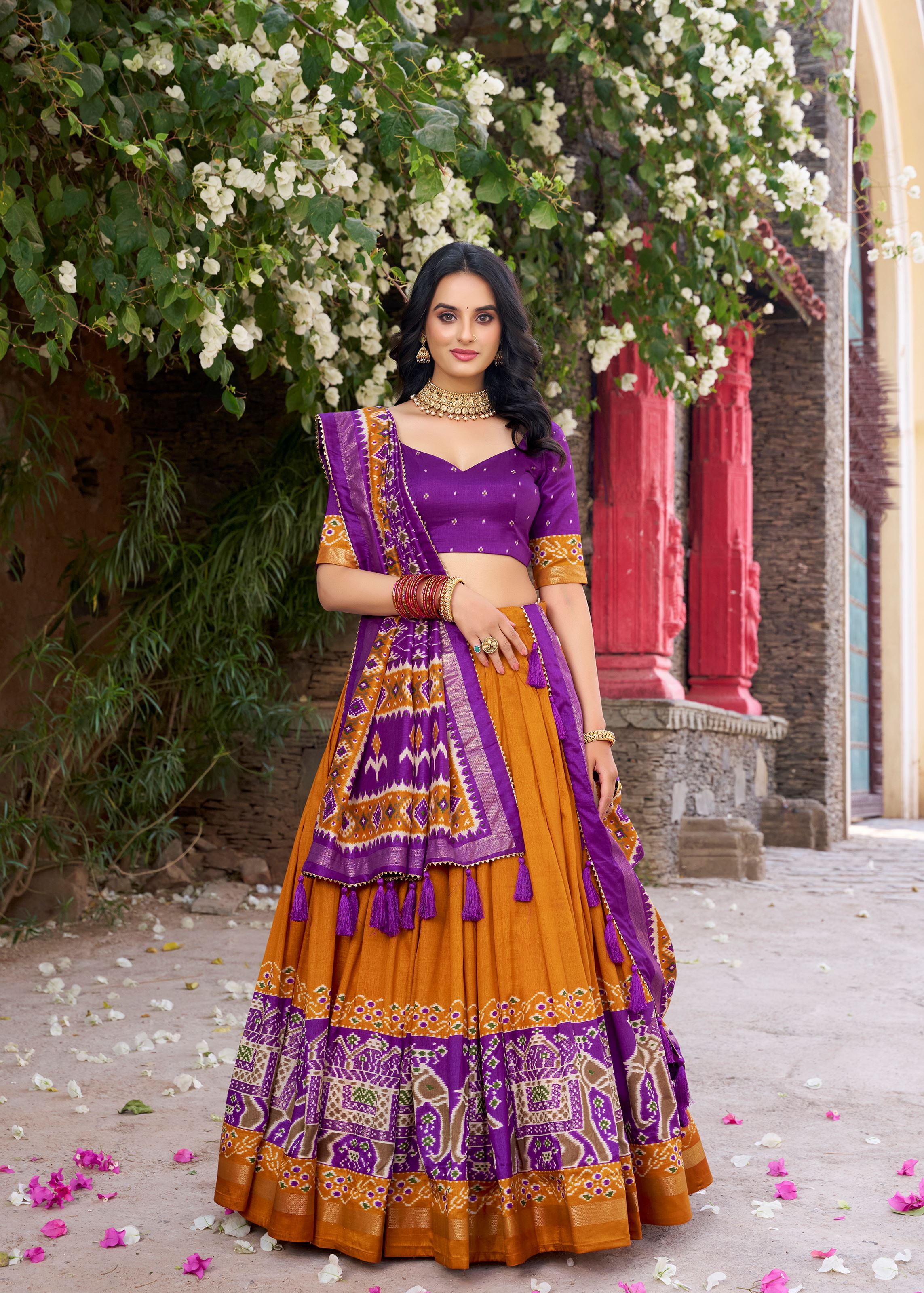 Mustard Perfection Patola Printed Tussar Silk Lehenga with Foil Highlights