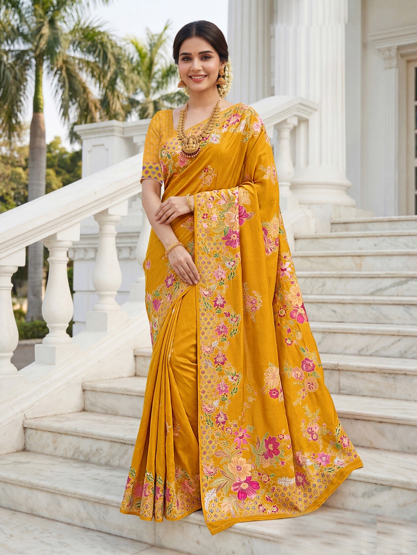 Mustard Premium Russian Silk Saree With Designer Floral Position Print