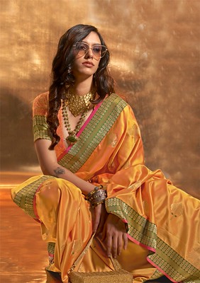 Mustard Pure Satin Silk Saree With Jacquard Woven Work
