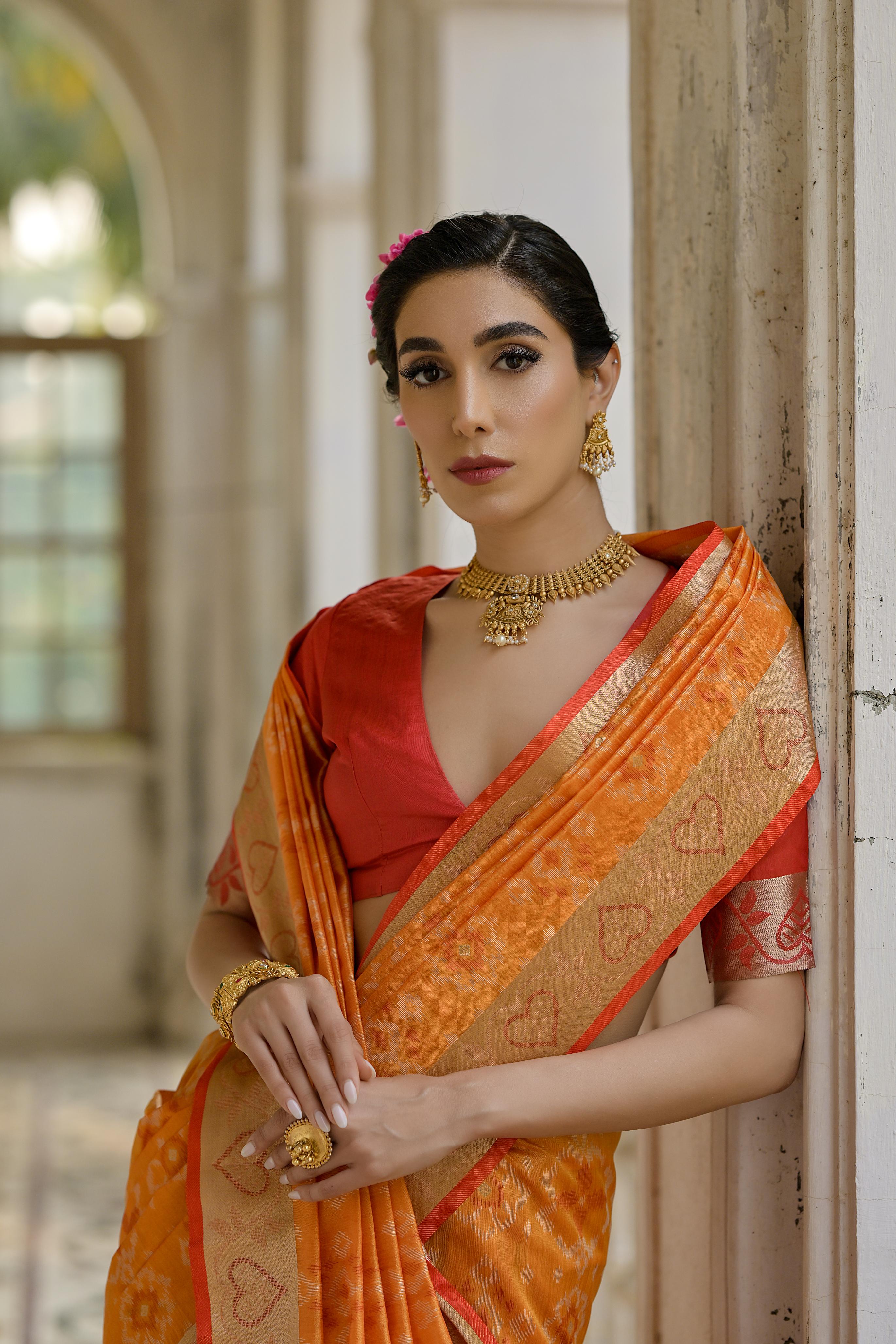 Mustard Raw Silk Woven Ikat Designer Ceremonial Saree