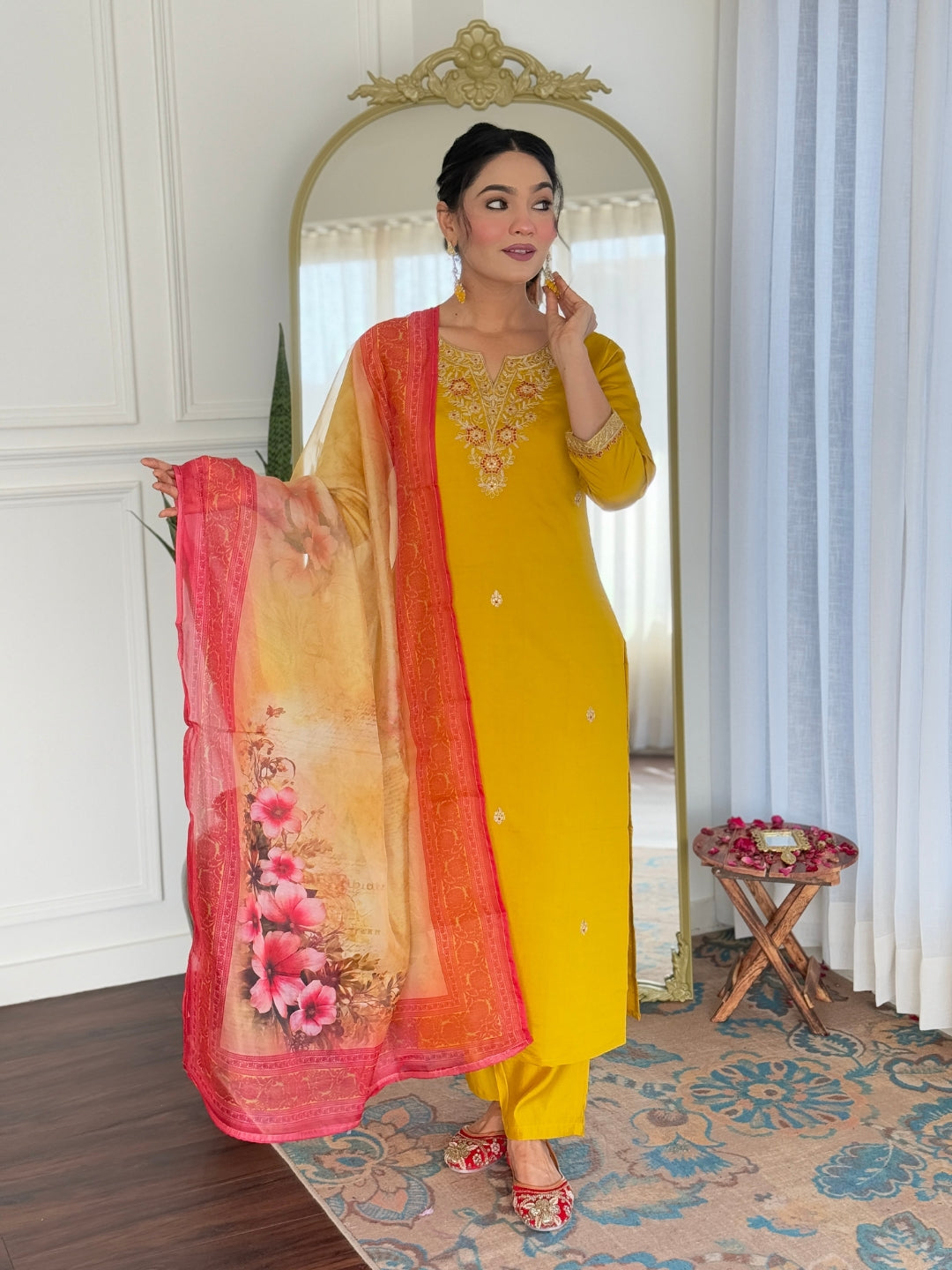 Mustard Rayon Elegant Kurta Pant Set With Embroidery Work