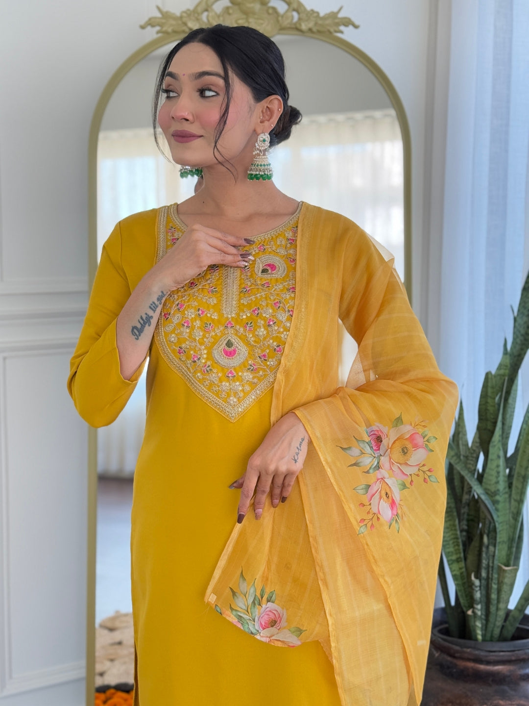 Mustard Rayon Elegant Kurta Pant Set With Embroidery Work