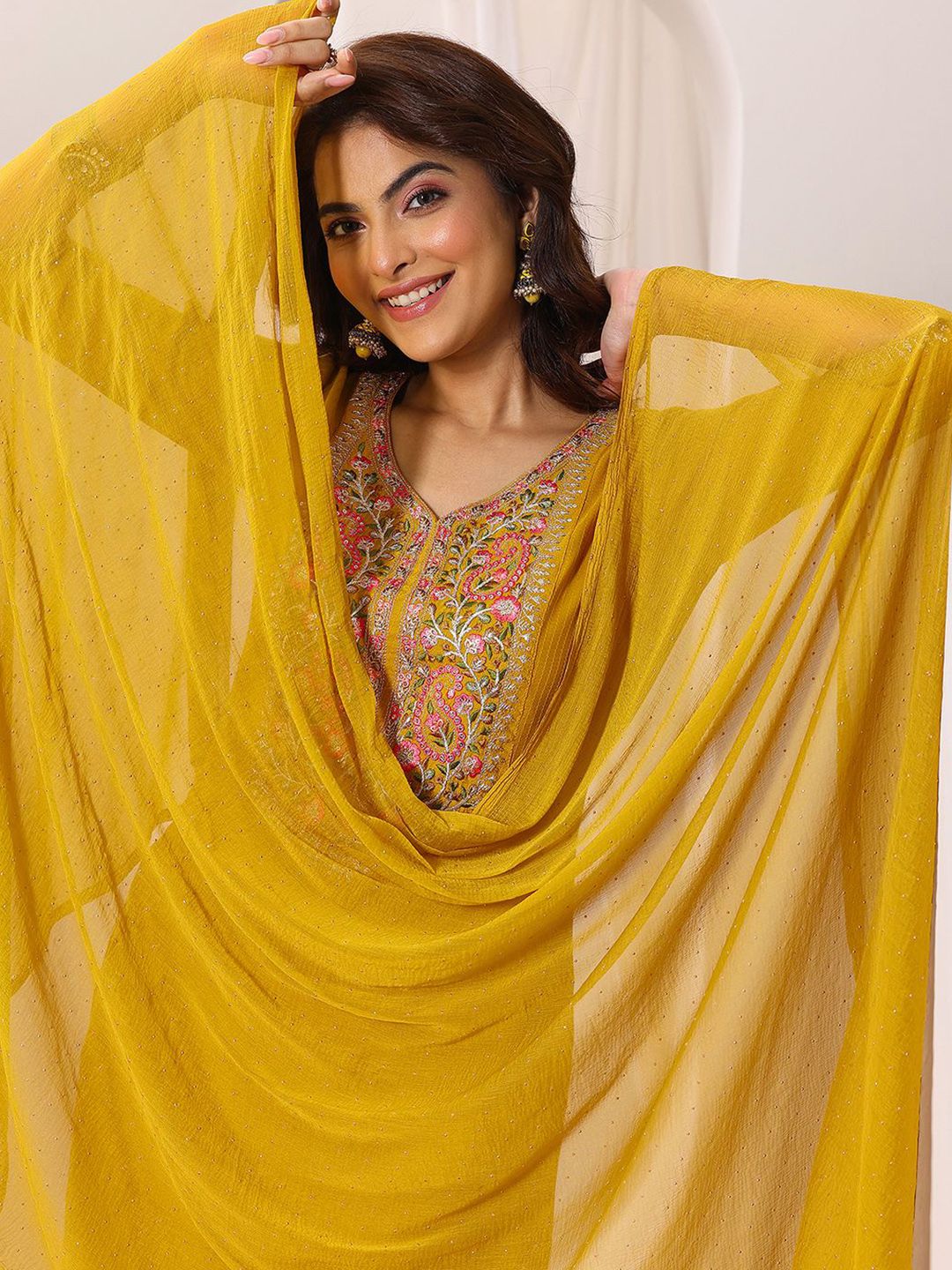 Mustard Rayon Kurta Pant Set With Heavy Thread Embroidery Work