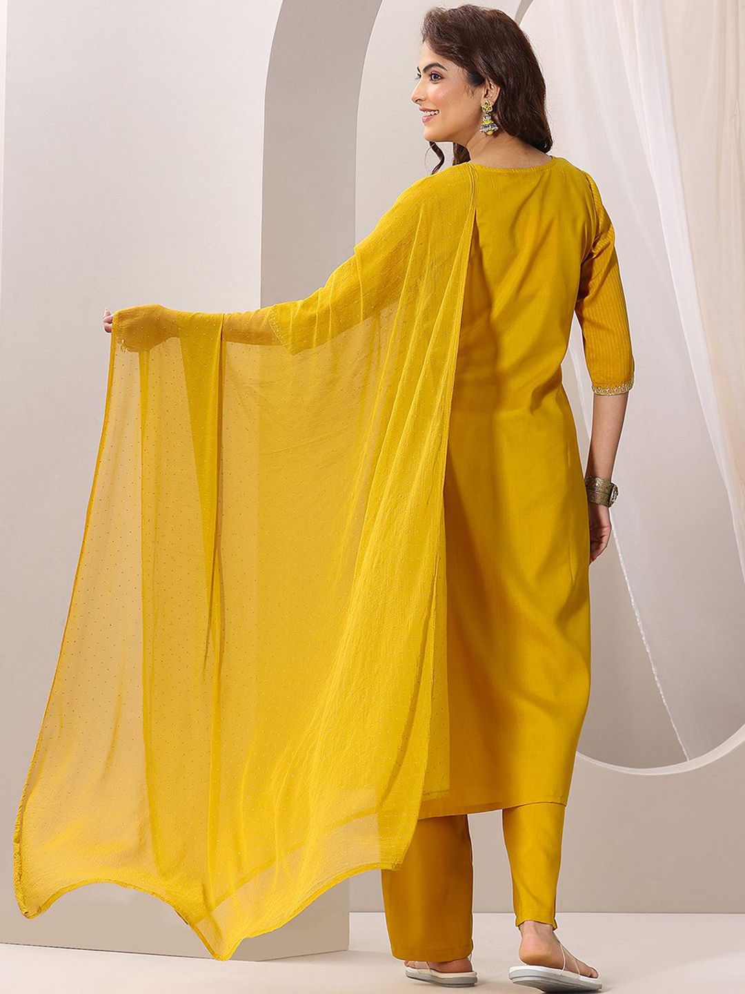 Mustard Rayon Kurta Pant Set With Heavy Thread Embroidery Work