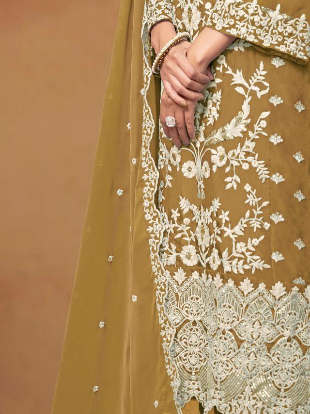 Mustard Salwar Kameez With Thread Emboirdered Work
