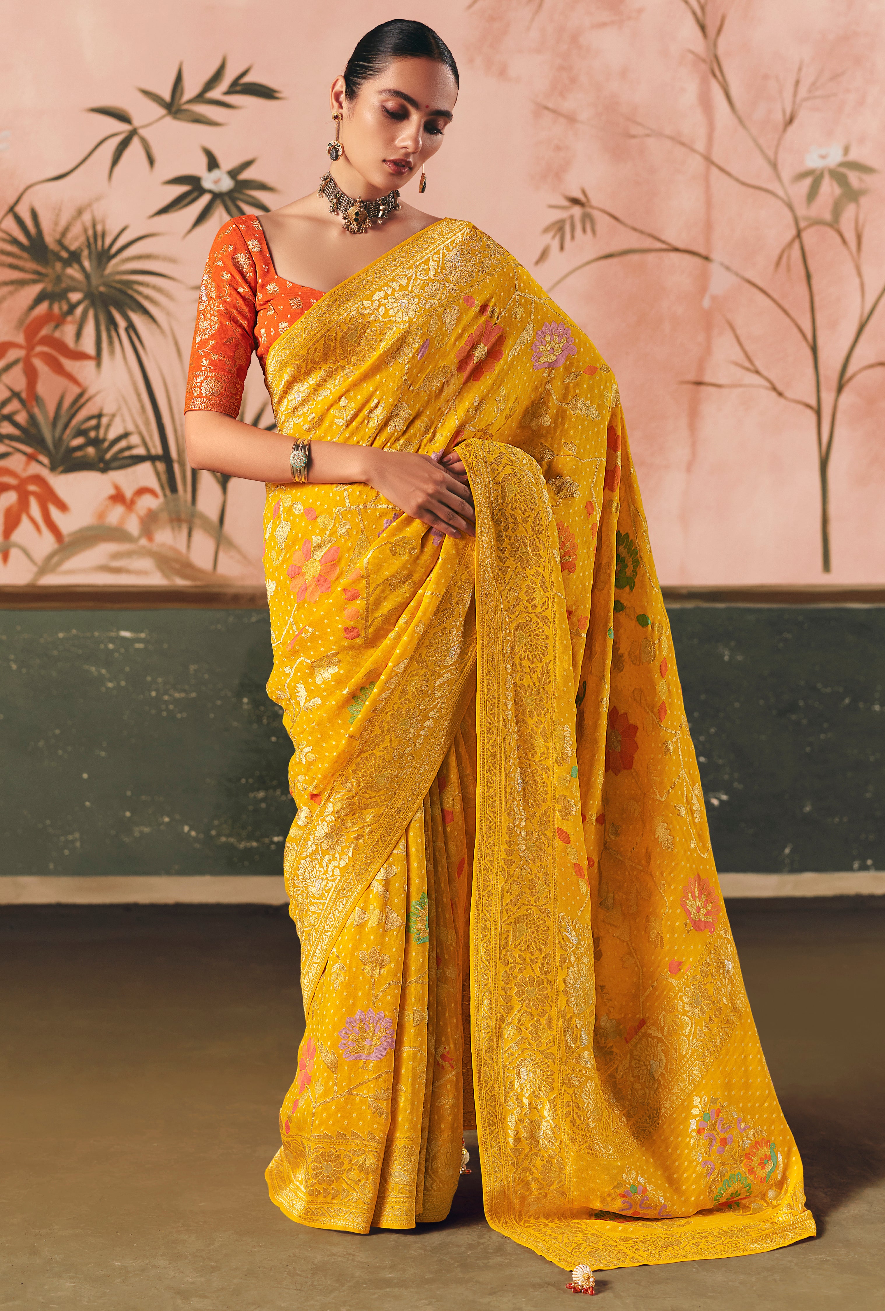 Mustard Saree With Designer Bandhej Weaving Work With Beutifull Tassles Attached