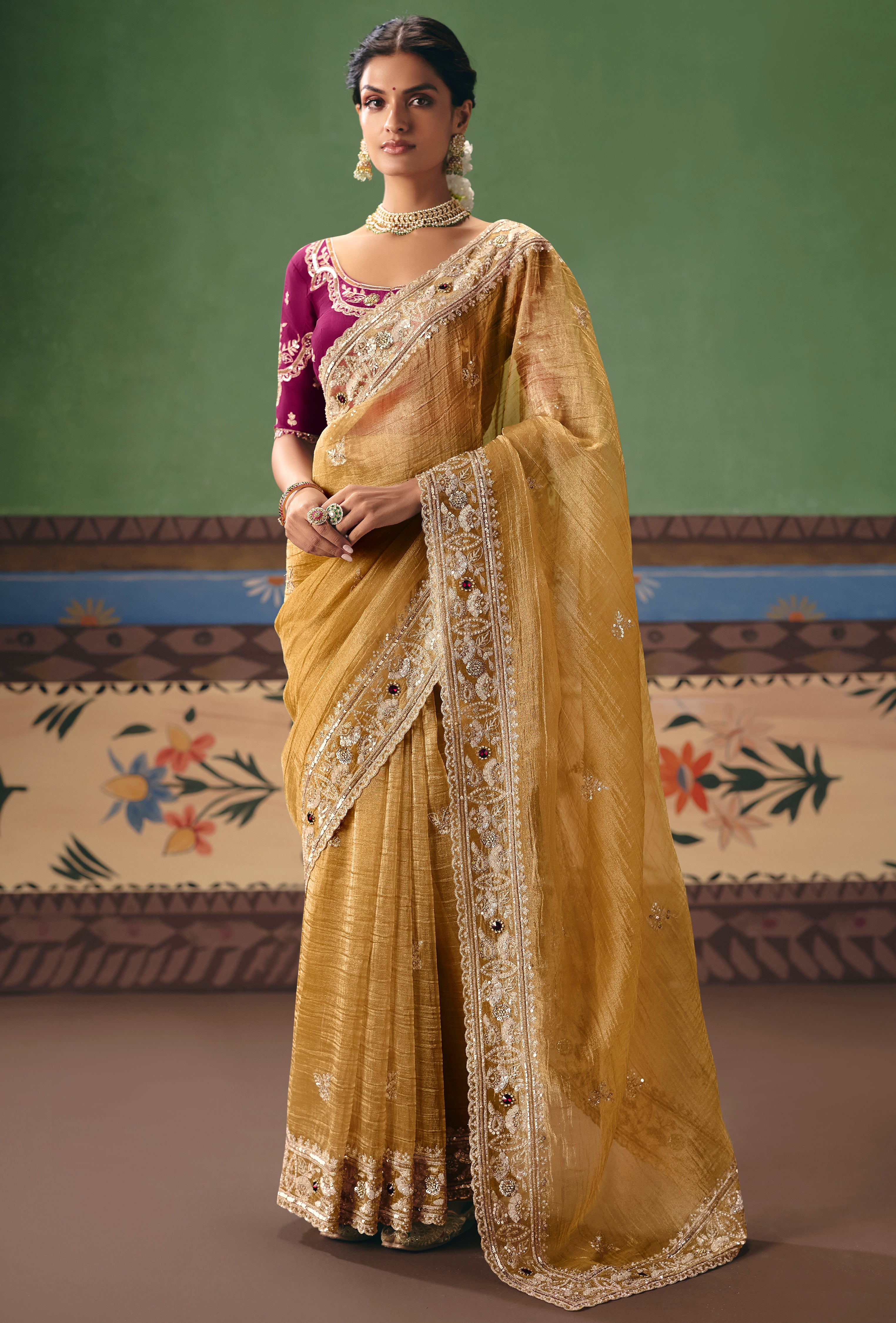 Mustard Saree With Heavy Designer Embroidery, Sequince, Stone, Pearl With Beads Work