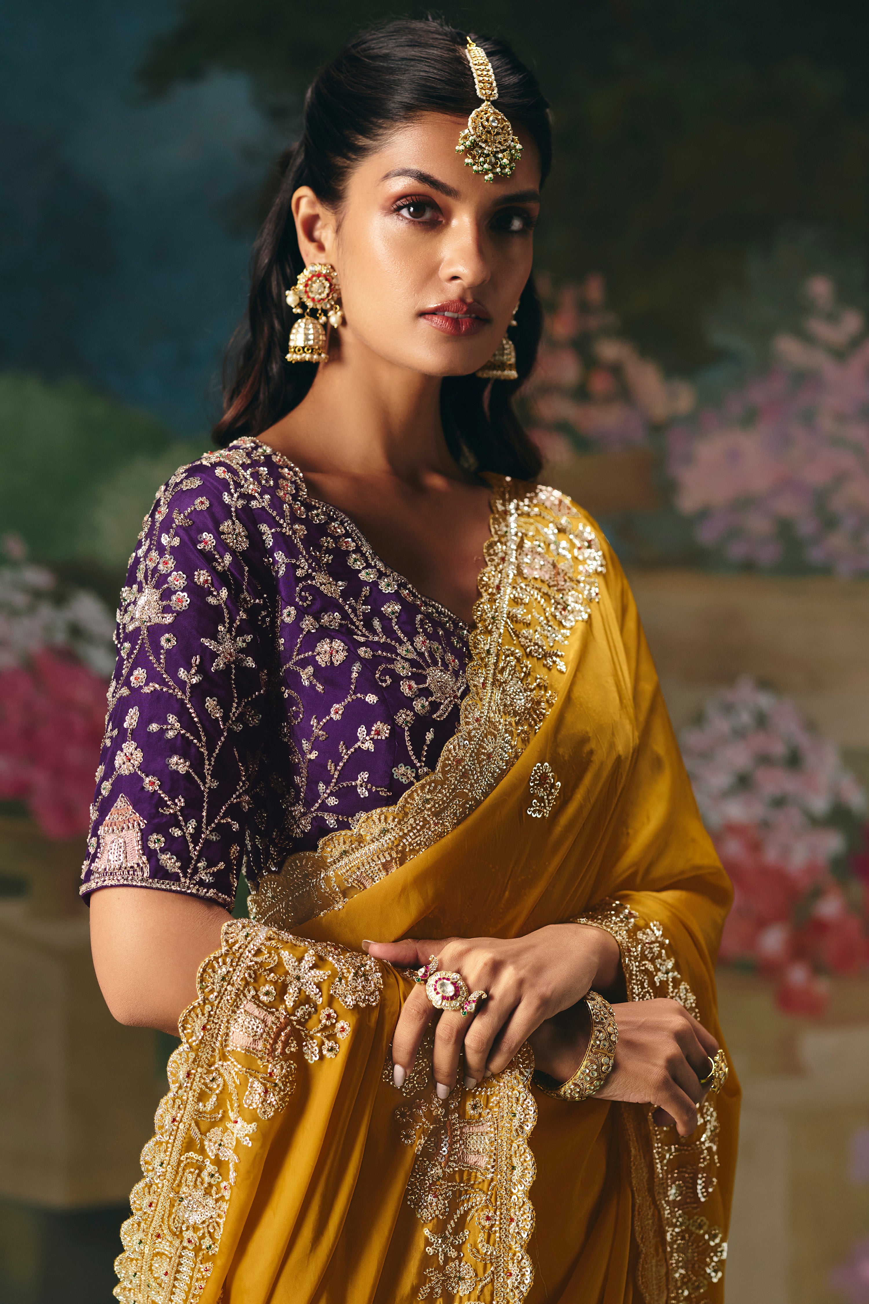 Mustard Saree With Heavy Designer Embroidery, Sequince, Stone, With Beads Work