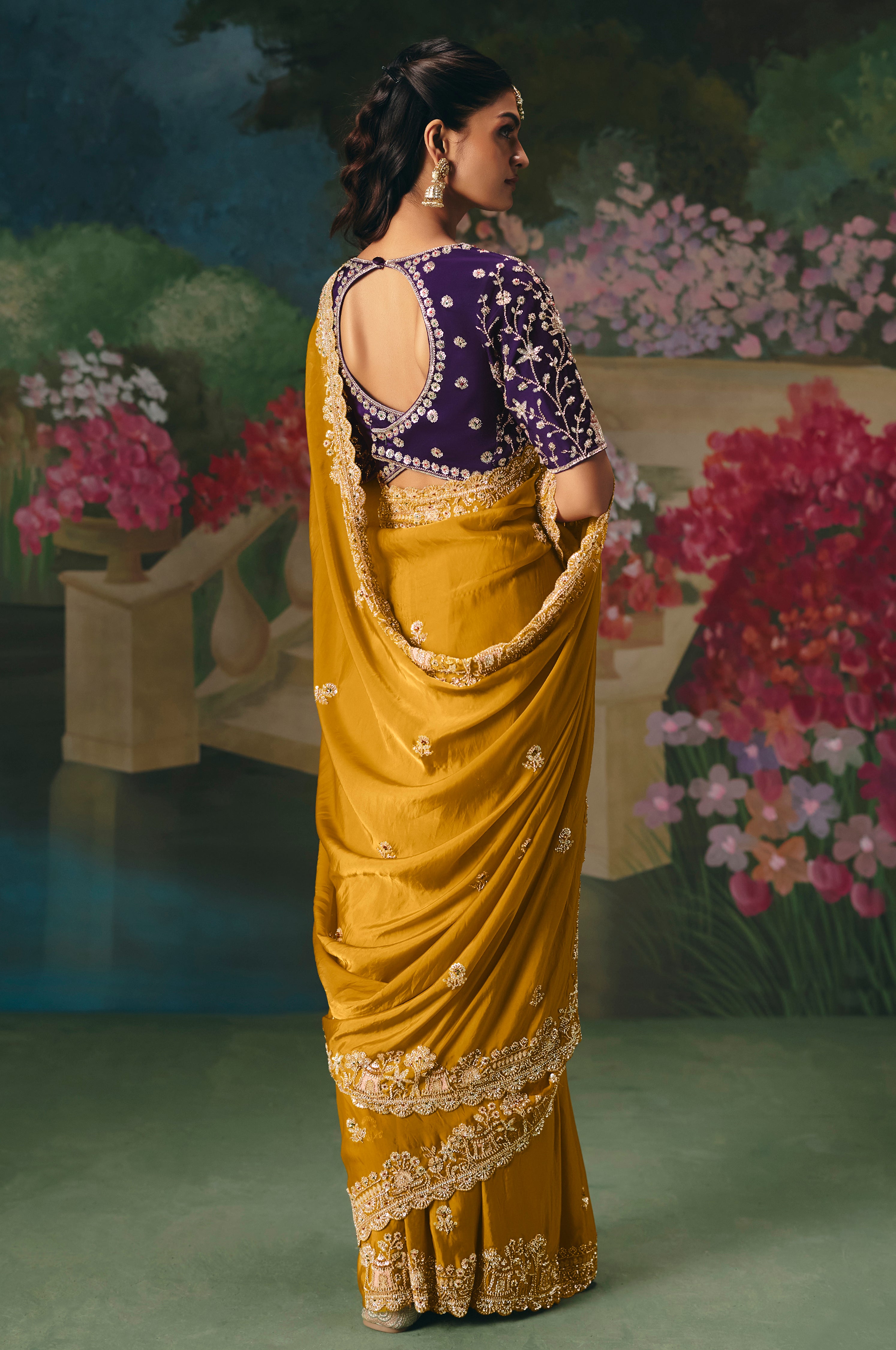 Mustard Saree With Heavy Designer Embroidery, Sequince, Stone, With Beads Work