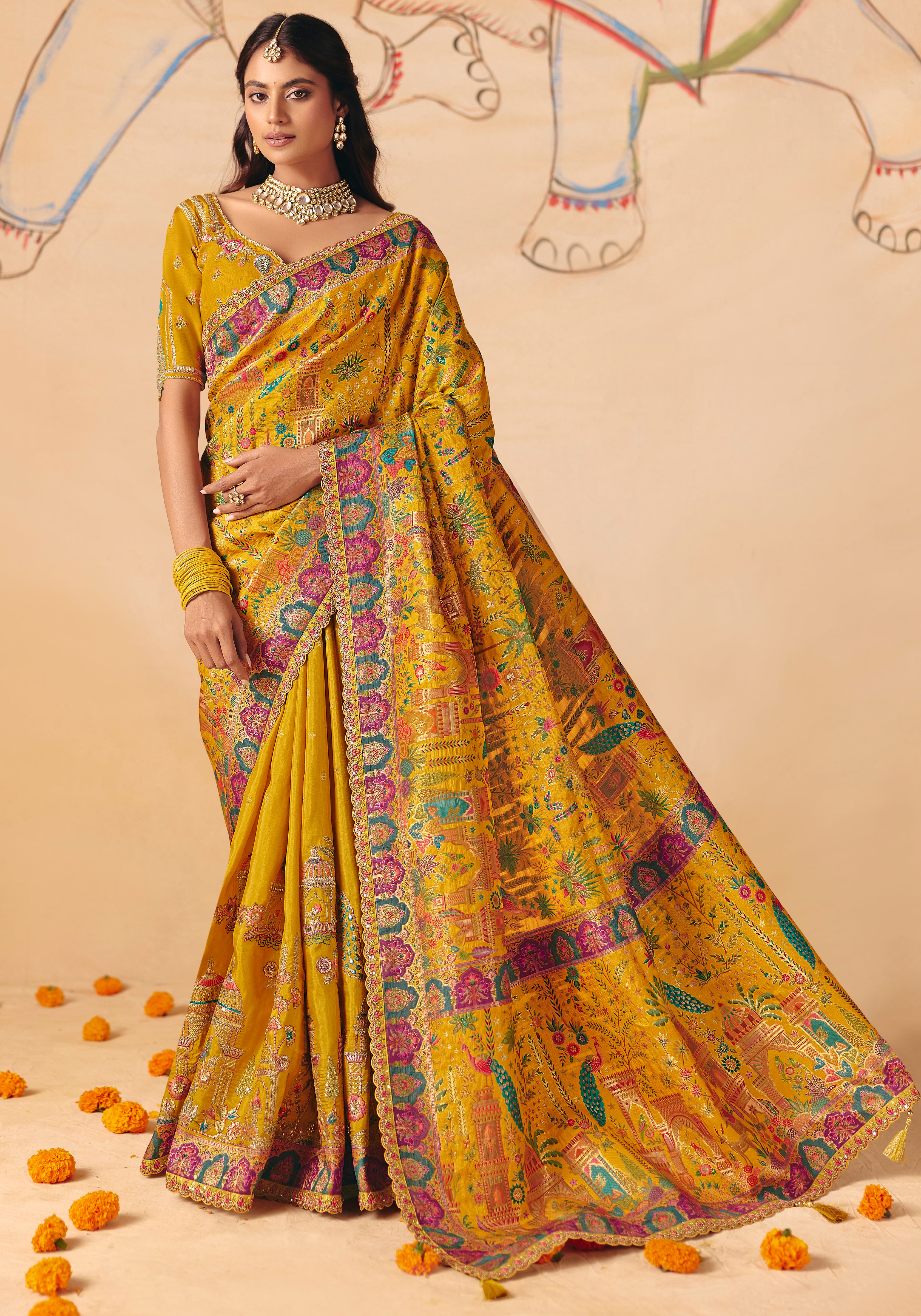 Mustard Saree With Heavy Embroidery, Sequin, Thread, and Stone Work On Patli & Cutwork Lace With Heavy Work Blouse