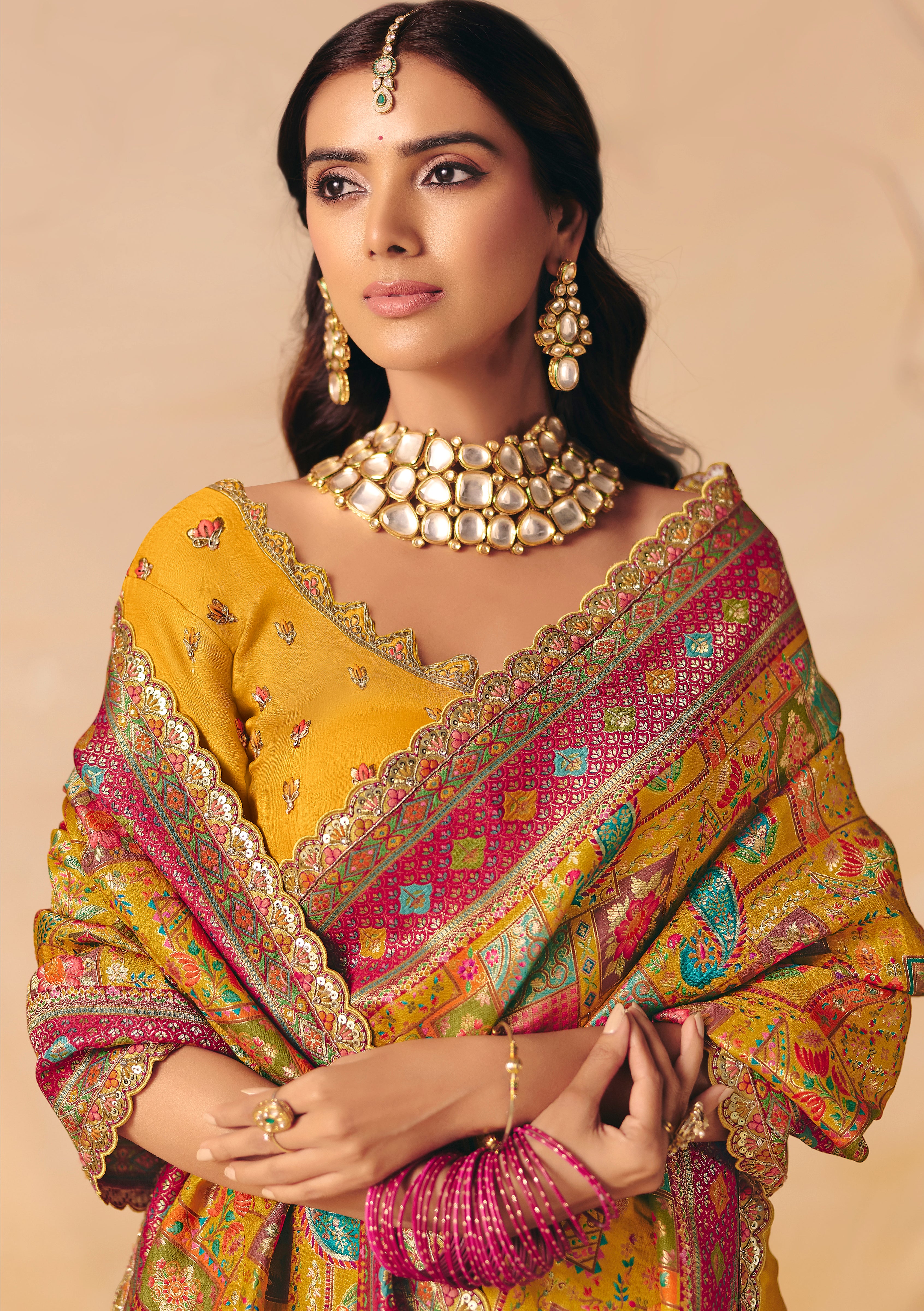 Mustard Saree With Heavy Embroidery, Sequin, Thread, and Stone Work On Patli & Cutwork Lace With Heavy Work Blouse