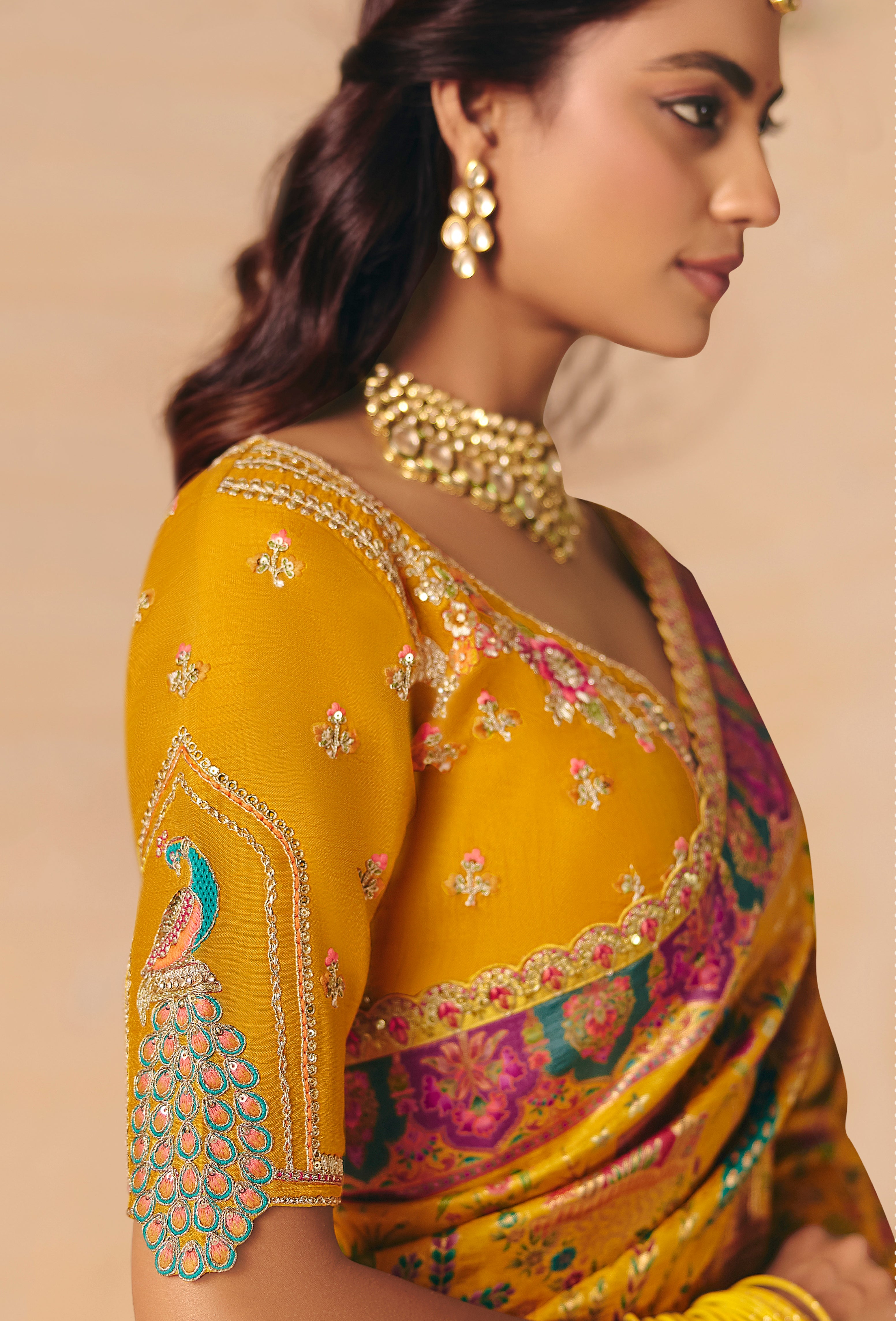 Mustard Saree With Heavy Embroidery, Sequin, Thread, and Stone Work On Patli & Cutwork Lace With Heavy Work Blouse