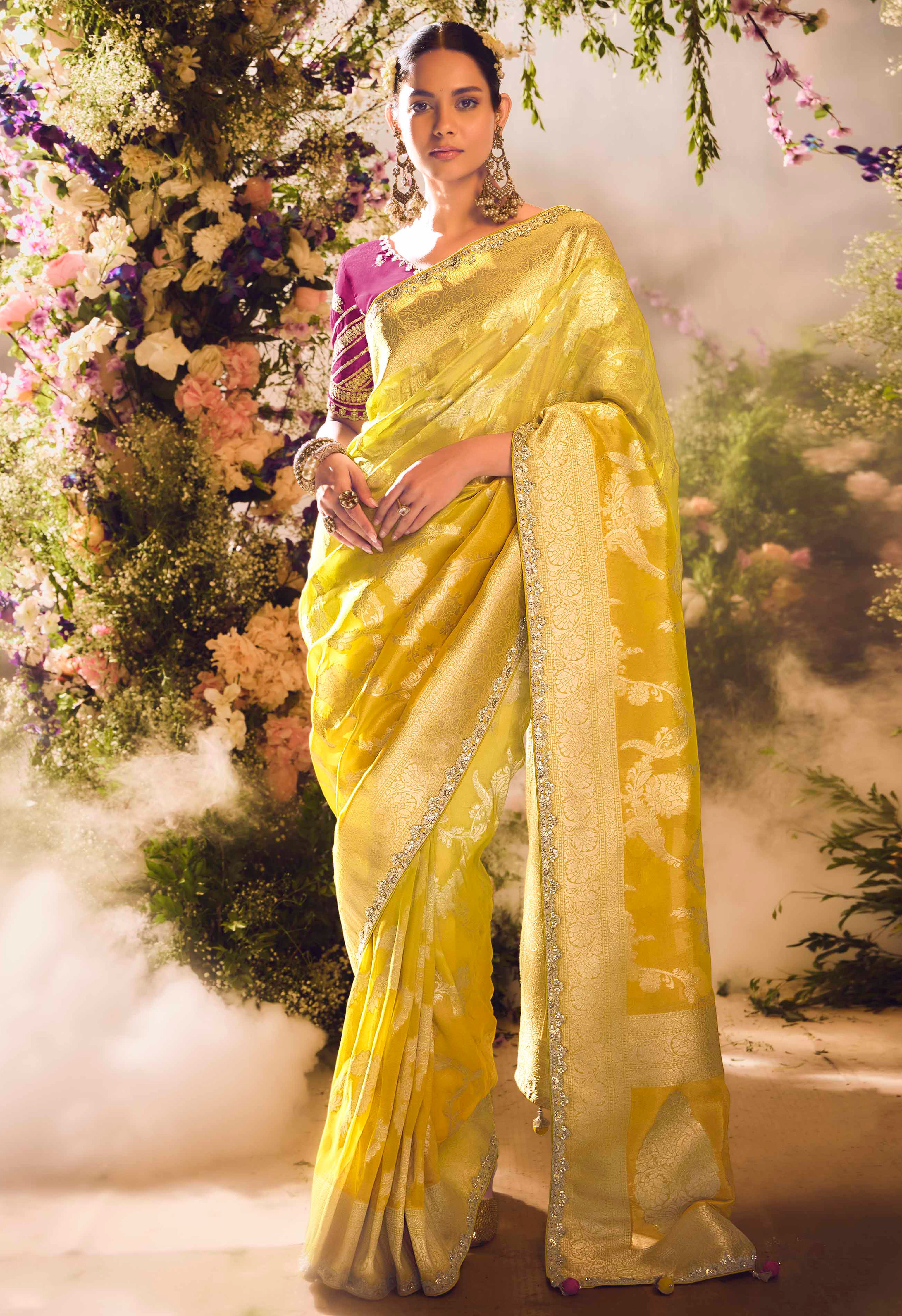 Mustard Saree With Jacquard Woven Work with Embroidered Lace Border
