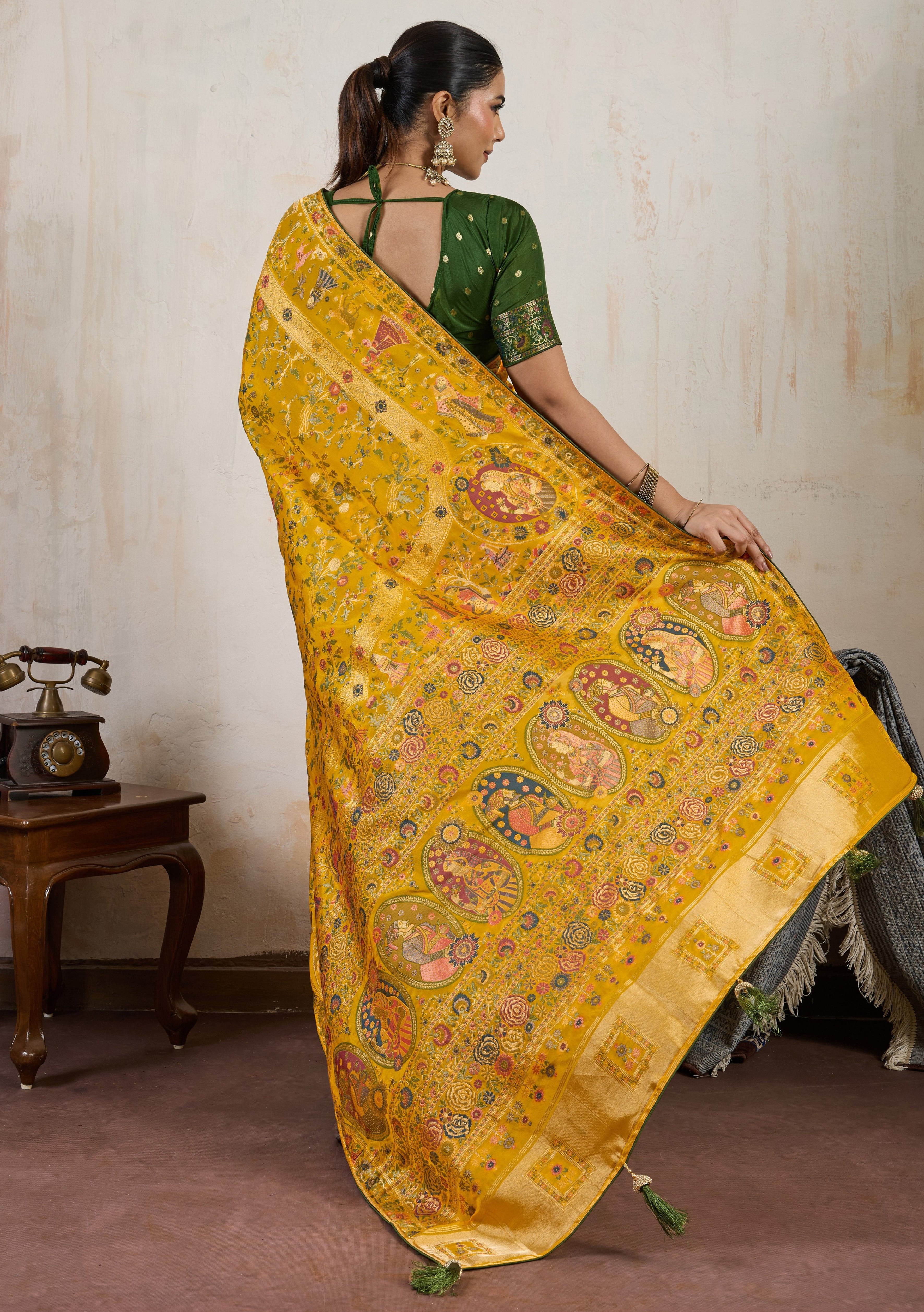 Mustard Saree With Meenakari with 3 Zari Shades & 8 Color Thread Shades, Creating a Masterpiece