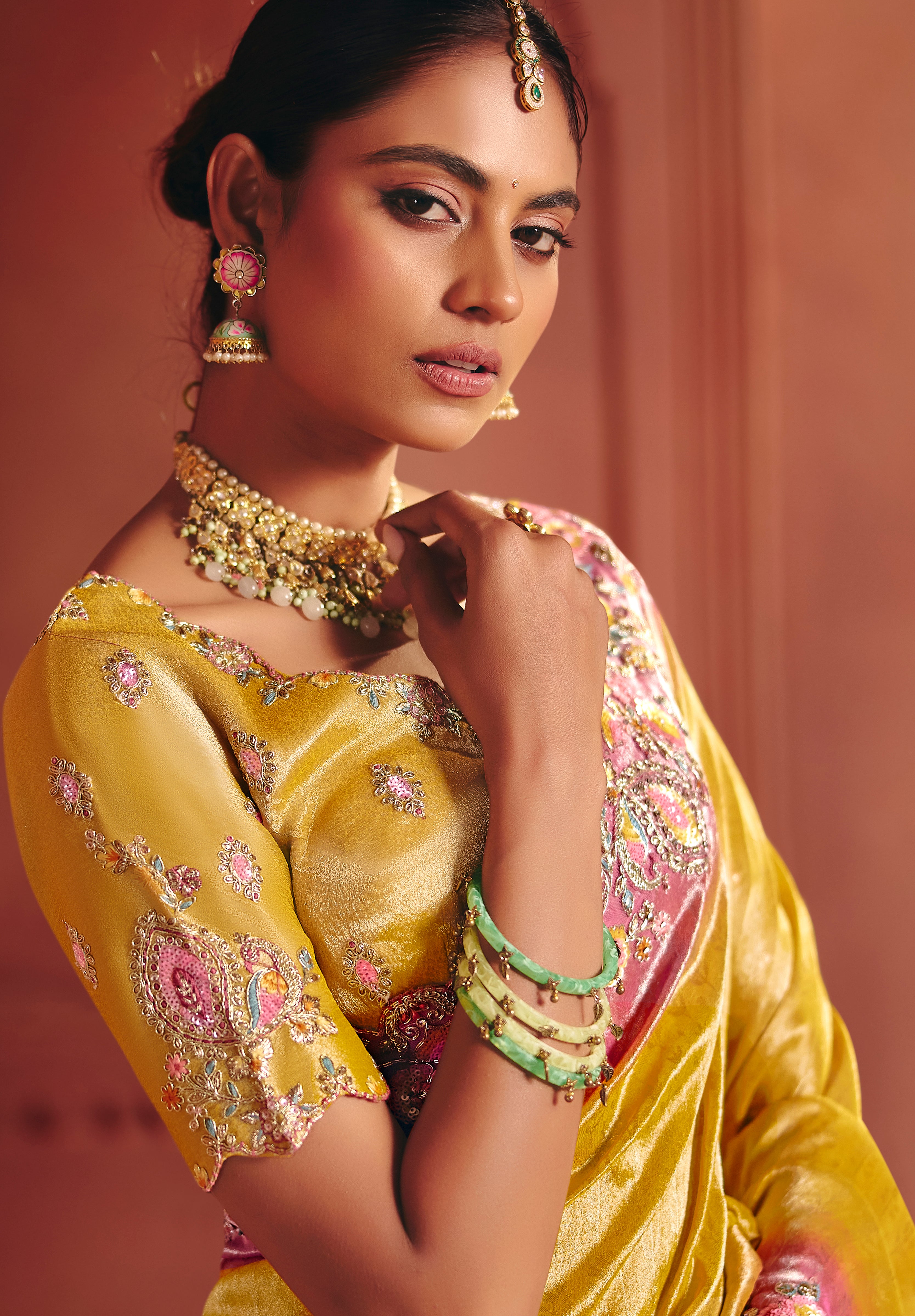 Mustard Saree With Sequin, Thread, Weaving Heavy Embroidery Work With Heavy Embroidery Work Blouse
