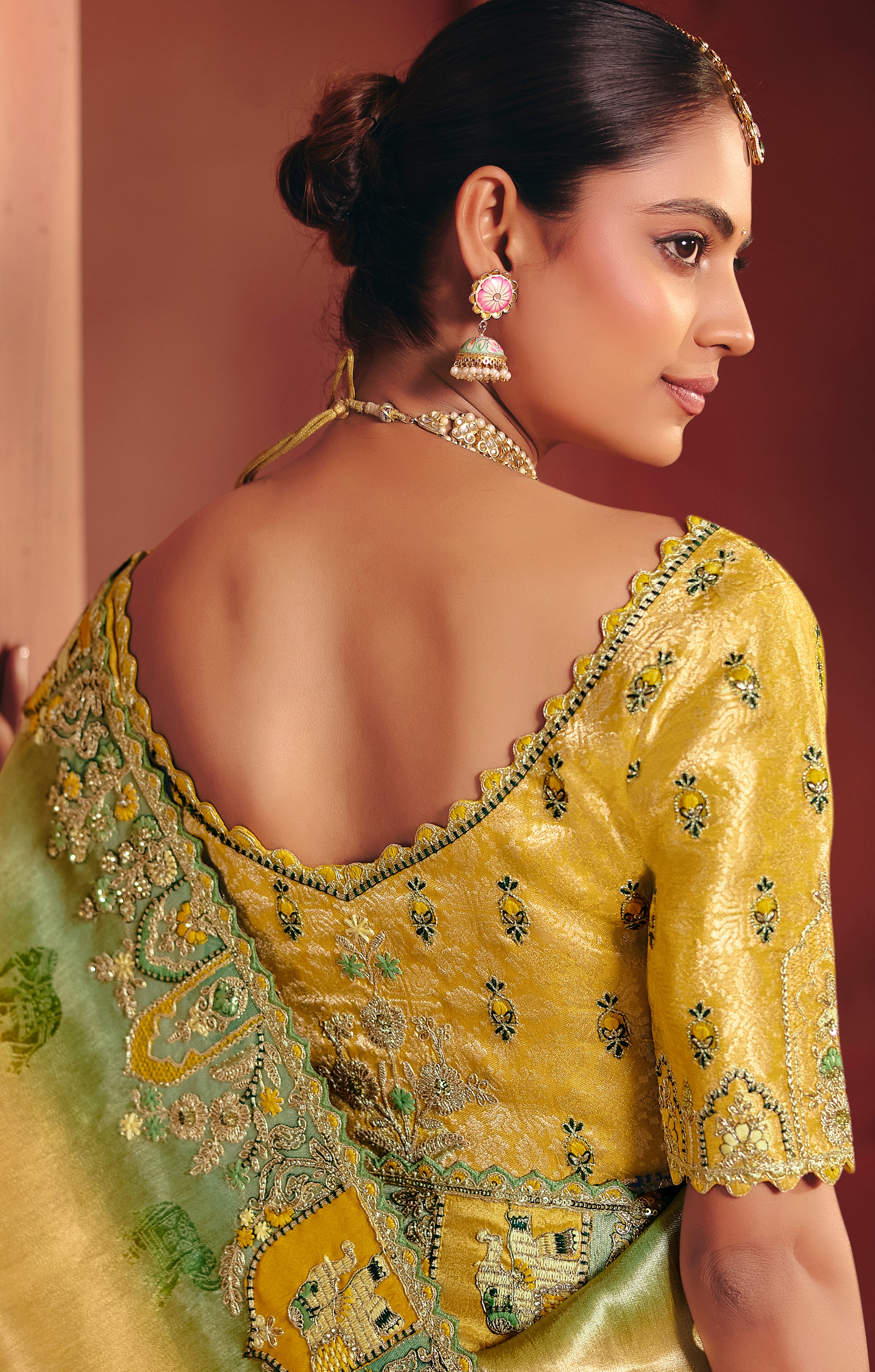Mustard Saree With Sequin, Thread, Weaving Heavy Embroidery Work With Heavy Embroidery Work Blouse