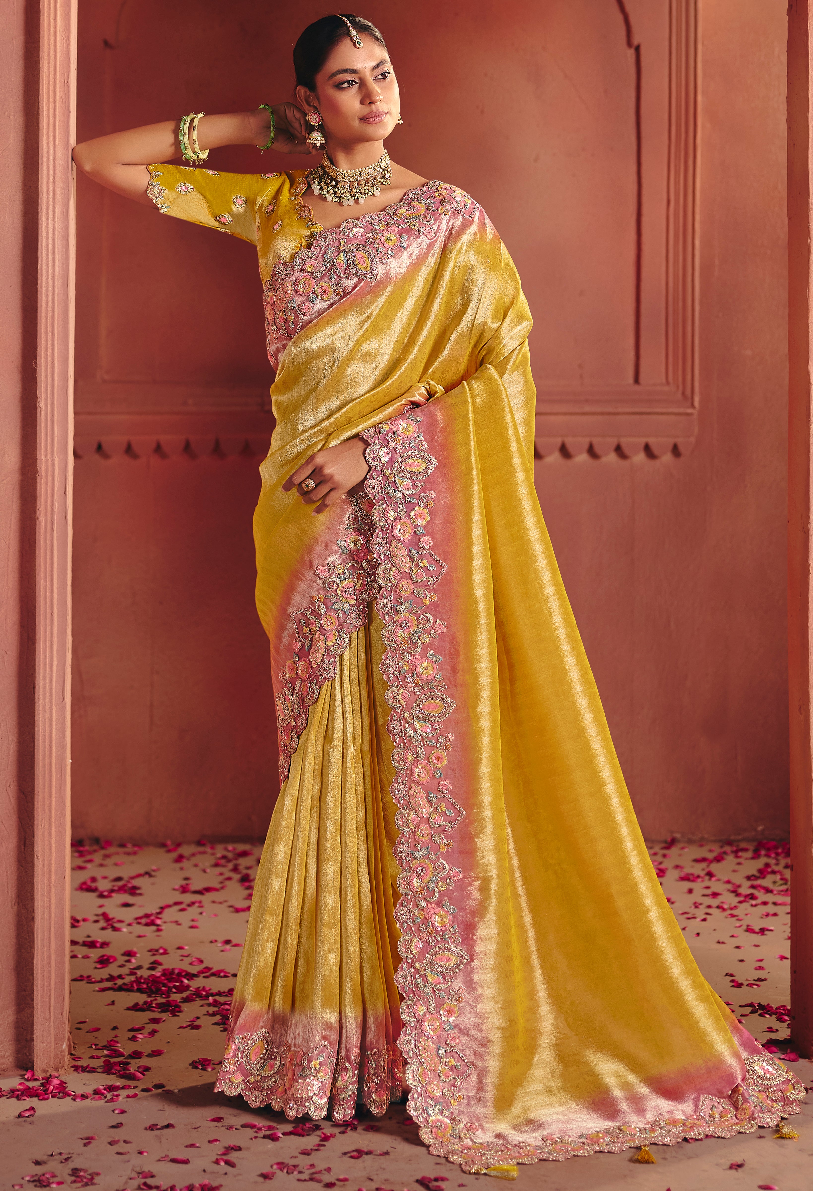 Mustard Saree With Sequin, Thread, Weaving Heavy Embroidery Work With Heavy Embroidery Work Blouse