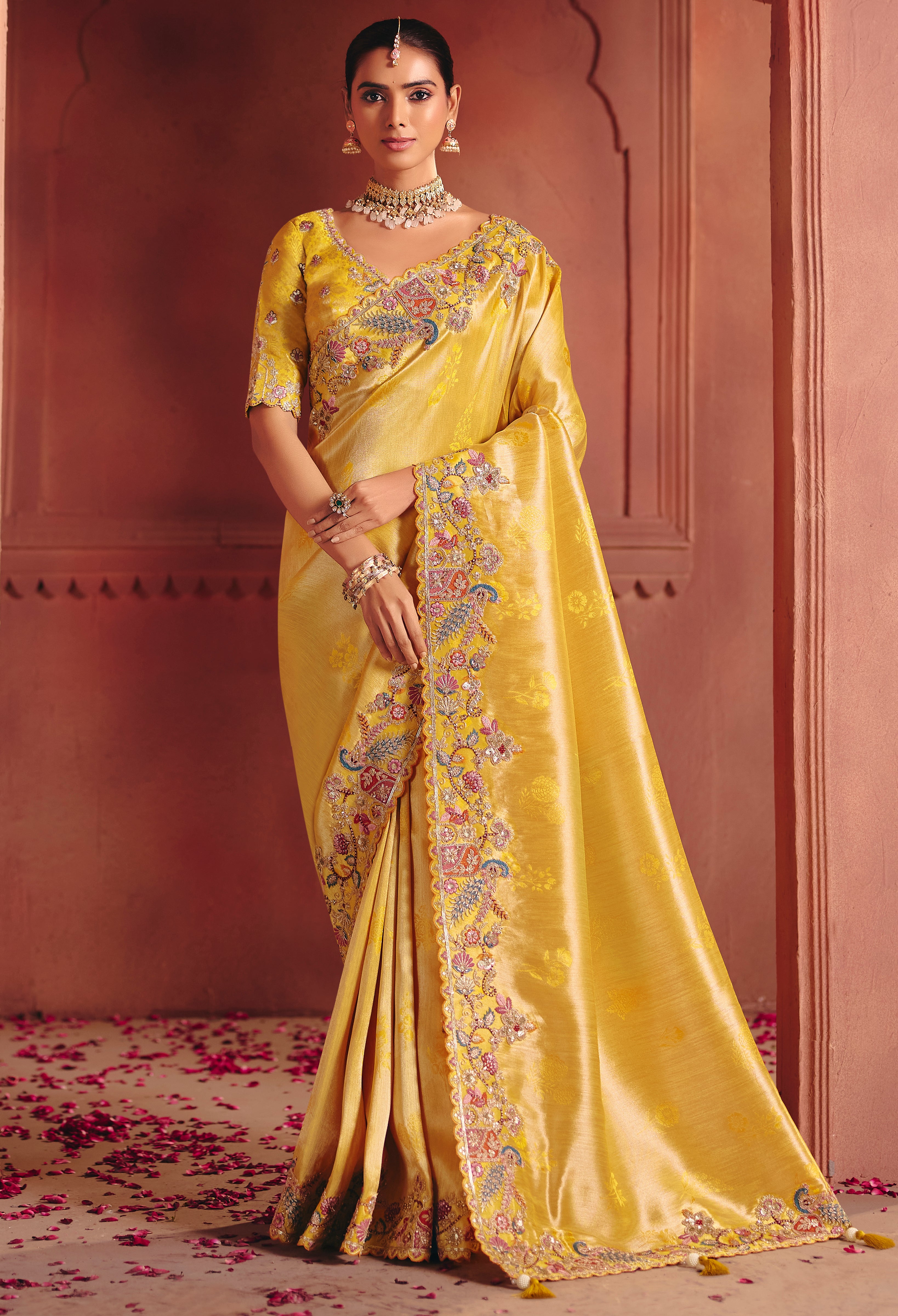 Mustard Saree With Sequin, Thread, Weaving Heavy Embroidery Work With Heavy Embroidery Work Blouse