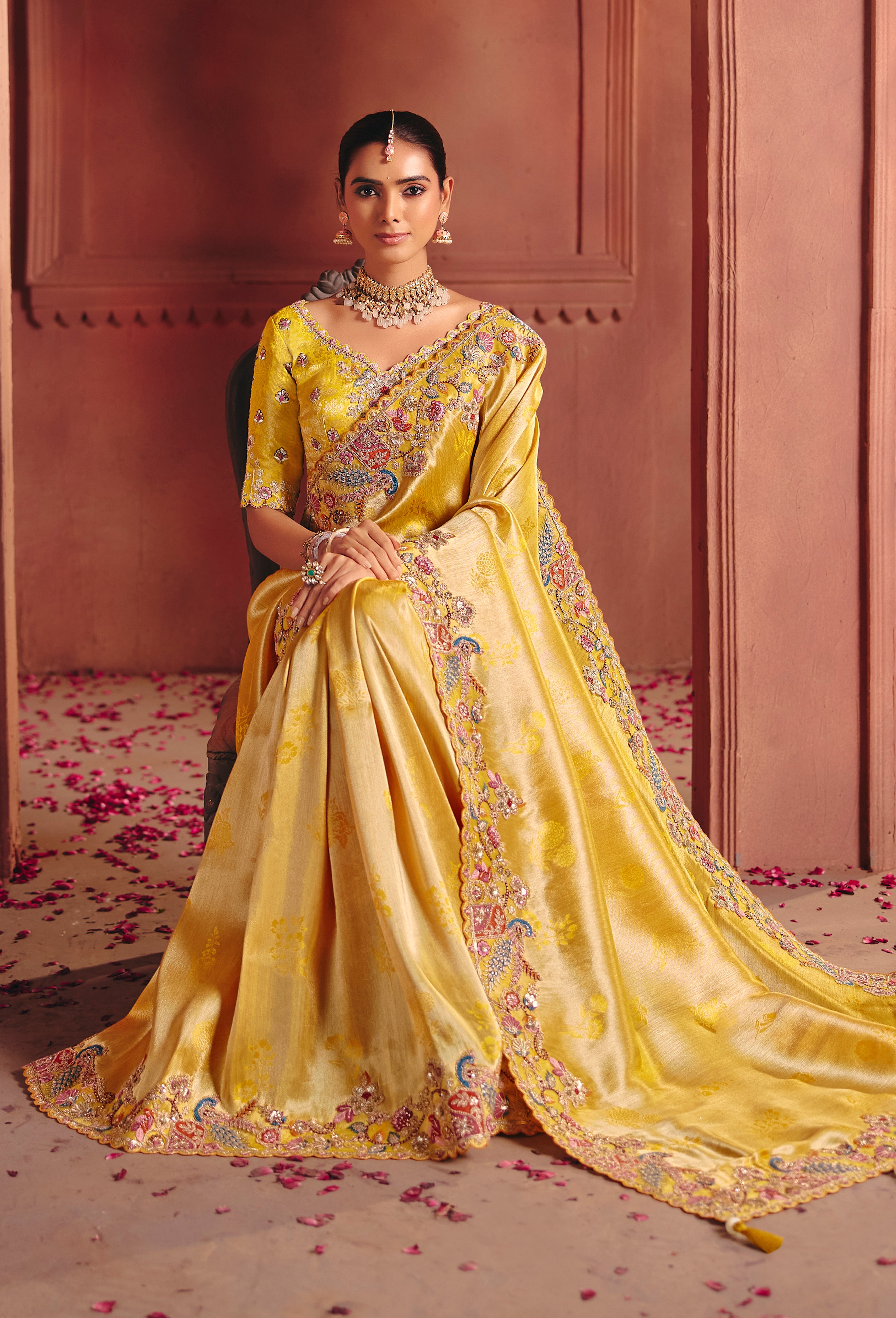 Mustard Saree With Sequin, Thread, Weaving Heavy Embroidery Work With Heavy Embroidery Work Blouse