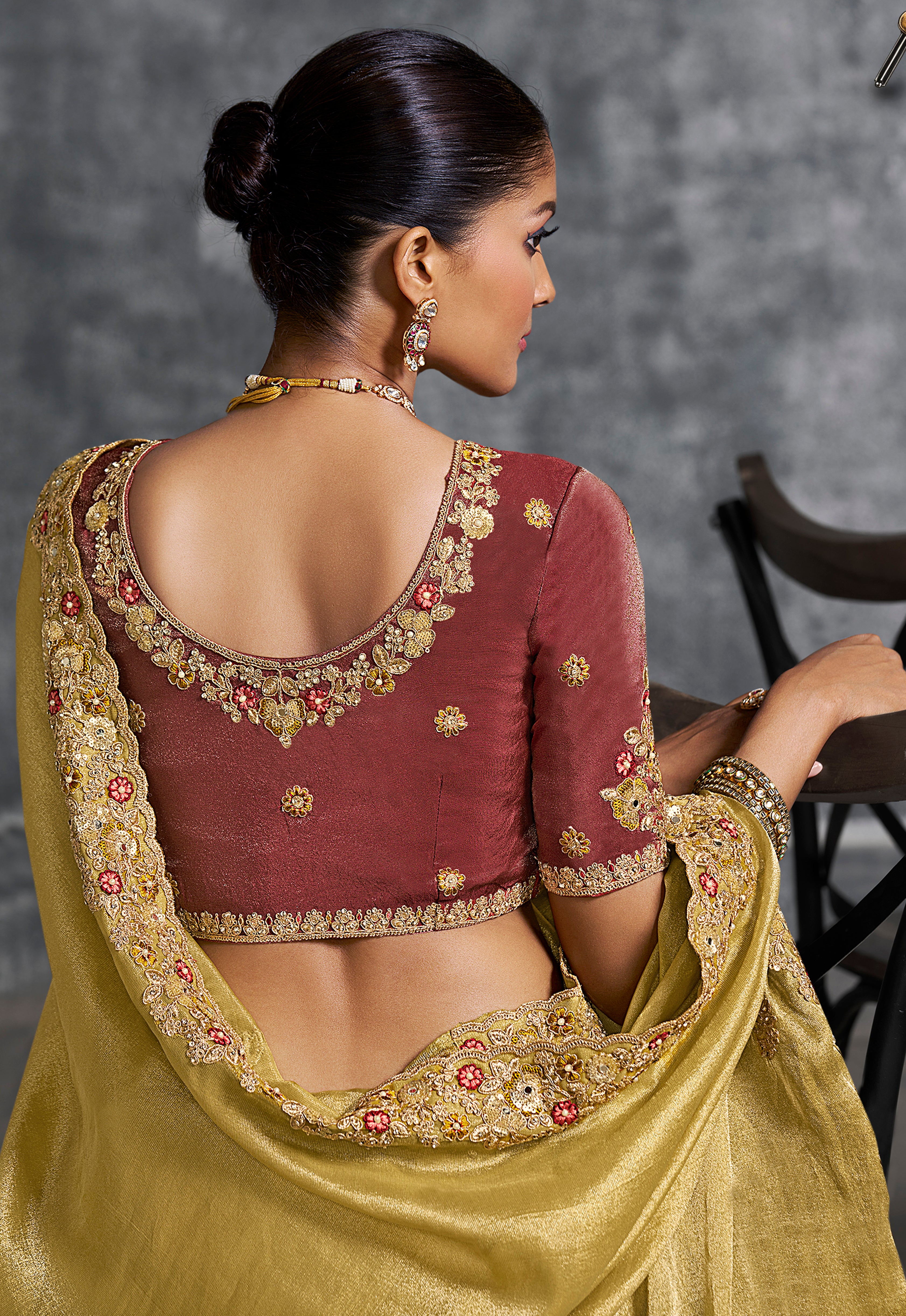 Mustard Saree With Thread Embroidery Work ,Hand-Finished Stone & Mirror work With Embroidery Blouse