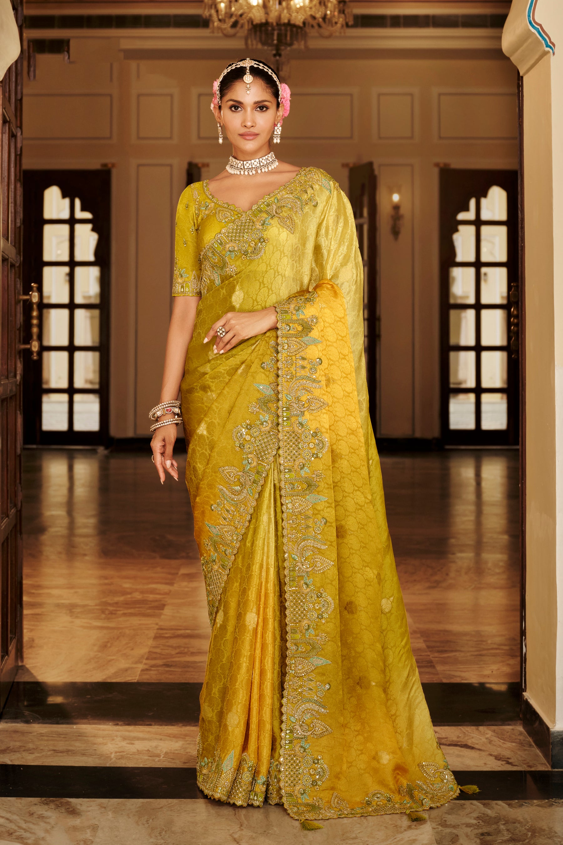 Mustard Saree With Zari weaving With Heavy Thread Embroidery With khatli work