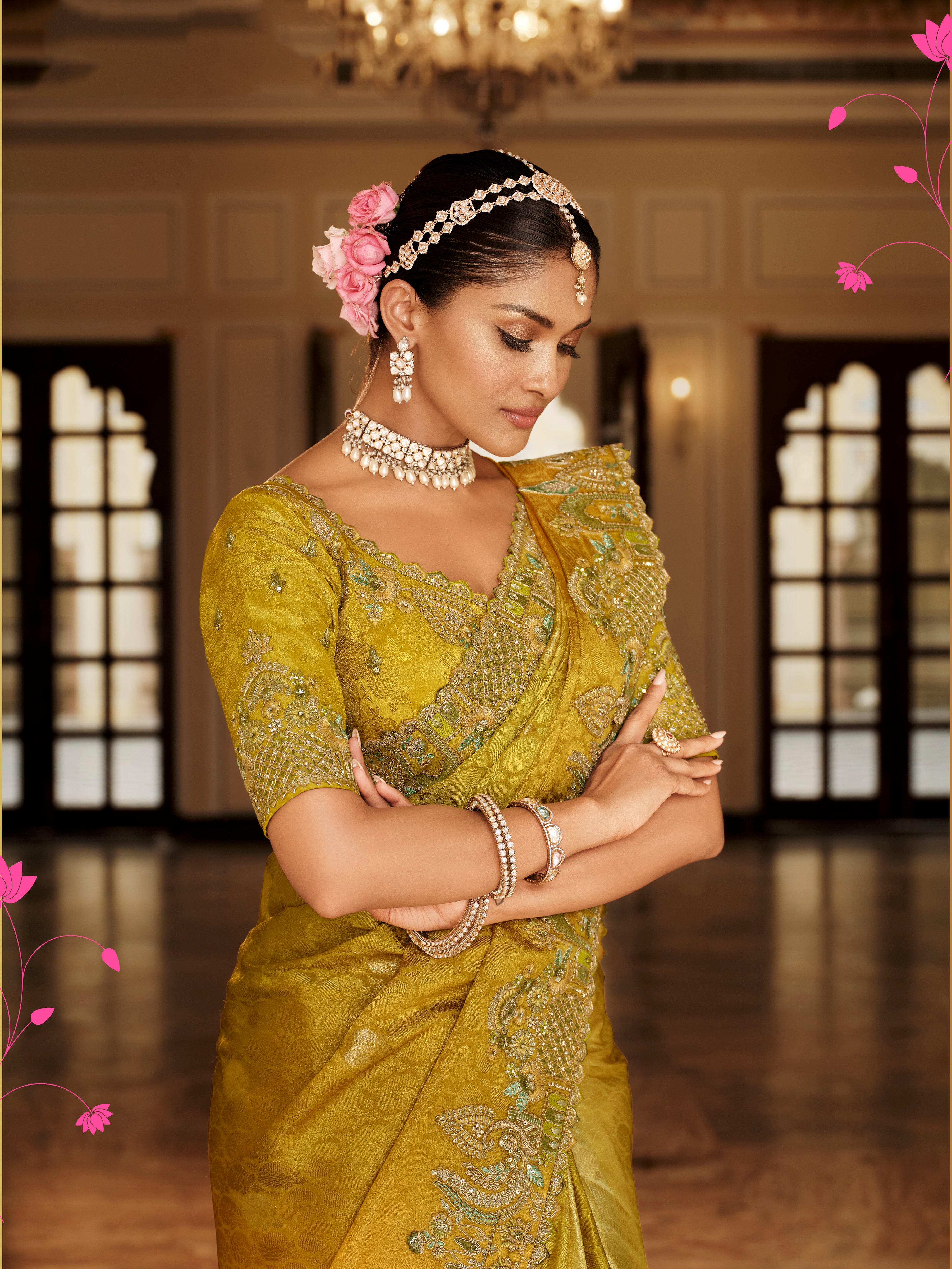 Mustard Saree With Zari weaving With Heavy Thread Embroidery With khatli work